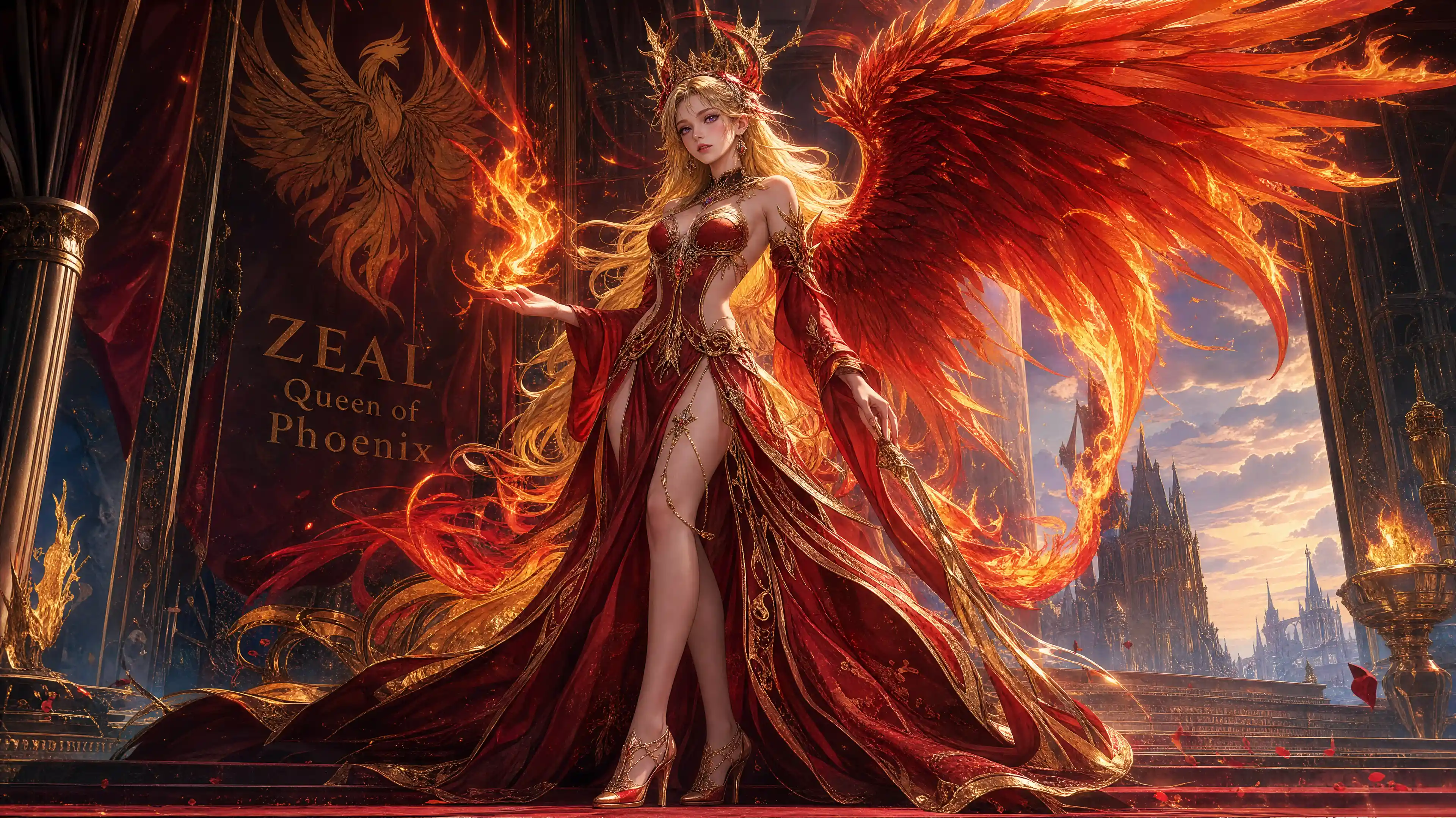 Regal phoenix queen with blazing red wings and crown