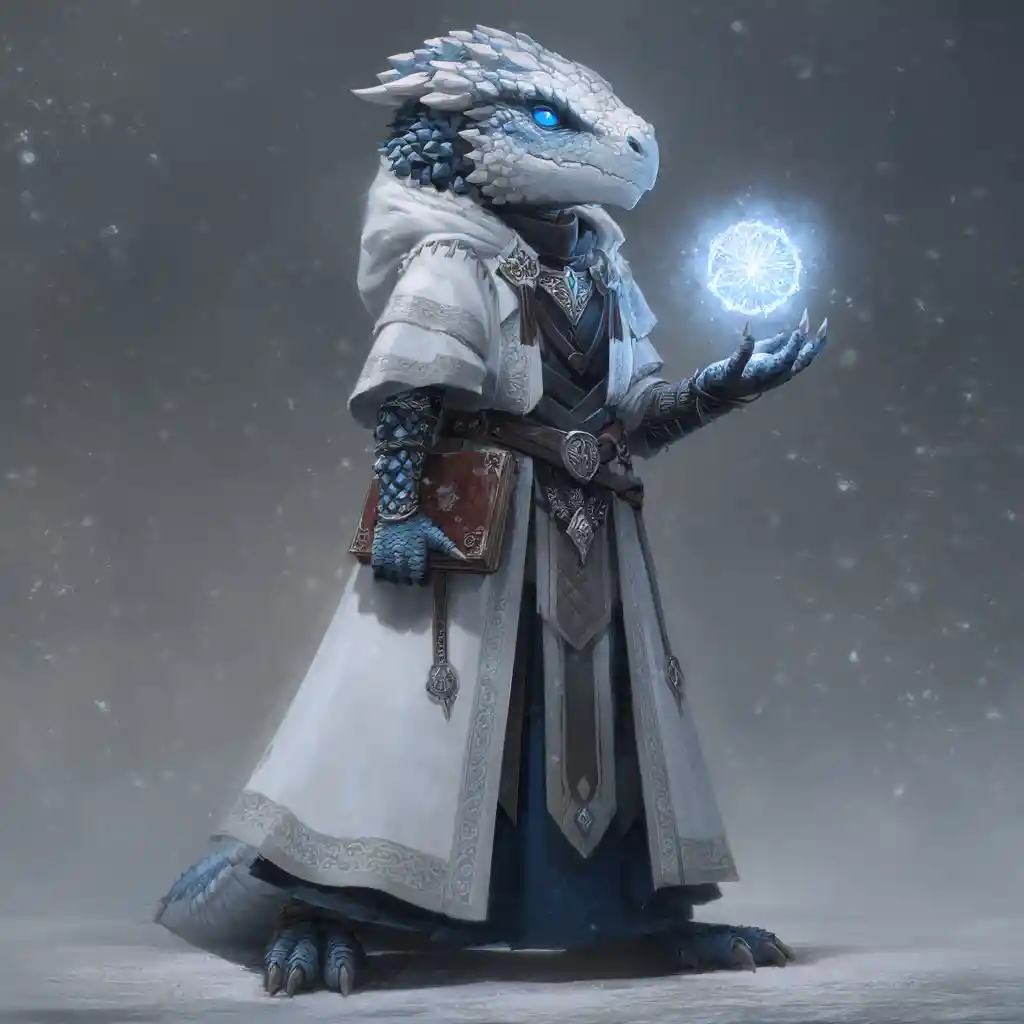 Silver scaled dragonborn sorceress in flowing white robes