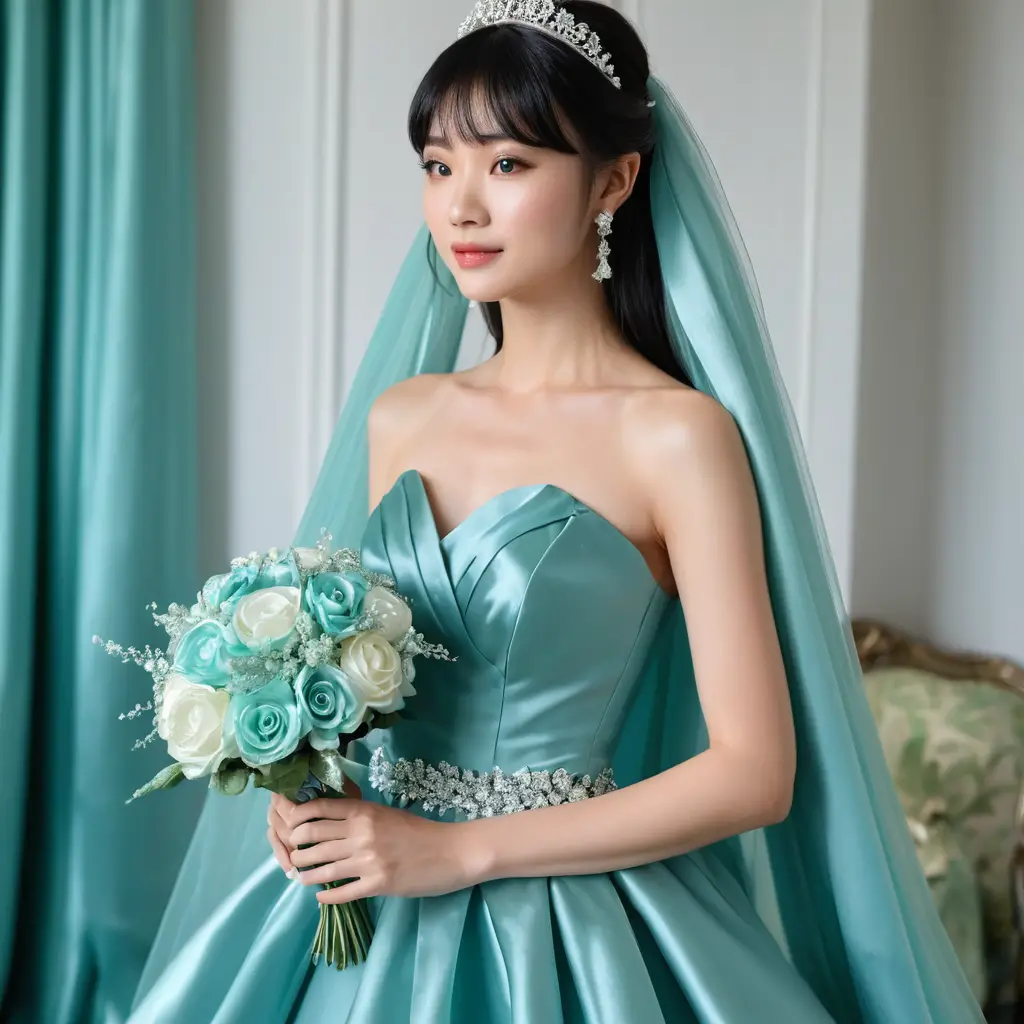 Elegant Japanese bride in turquoise satin wedding gown
