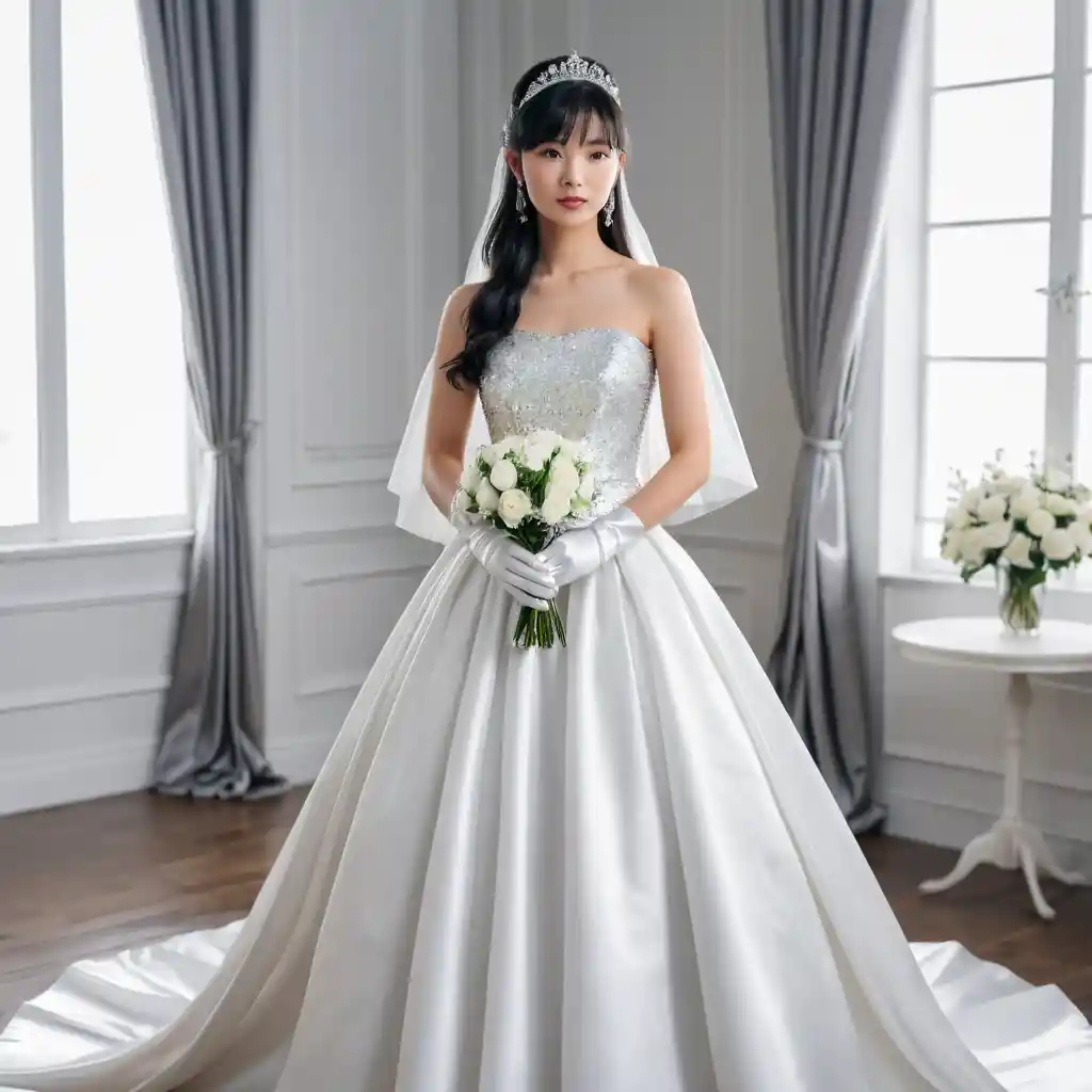 Elegant Japanese bride in white satin wedding gown