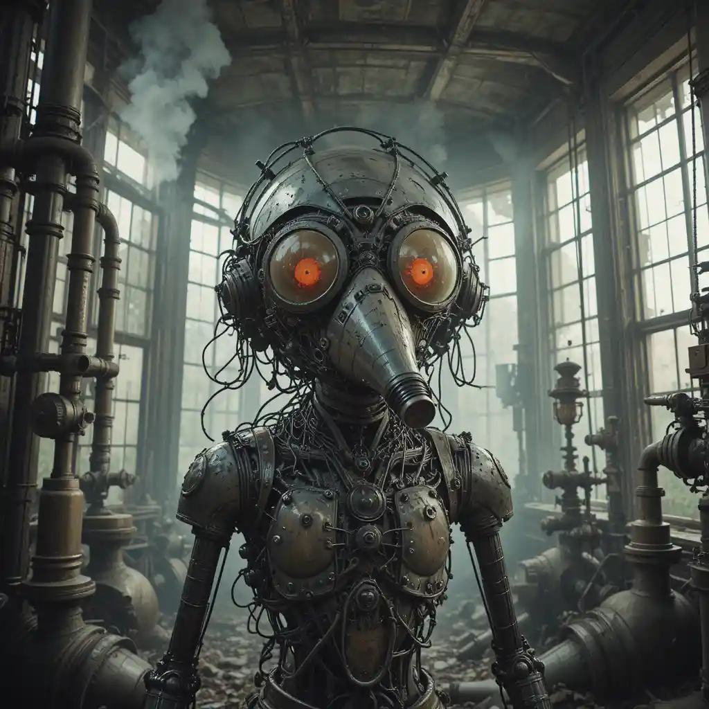 Surreal mechanical creature screaming inside an abandoned water tower