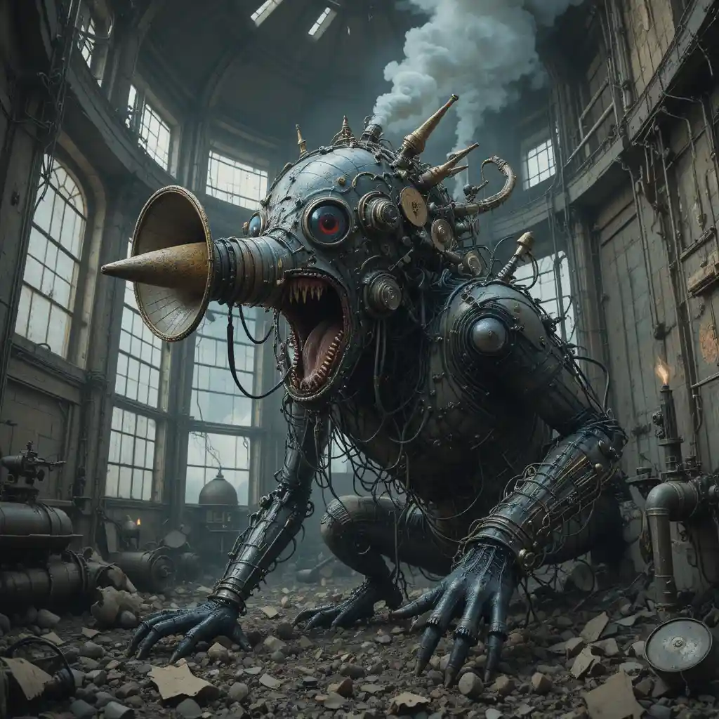 Surreal mechanical terror creature in an abandoned water tower