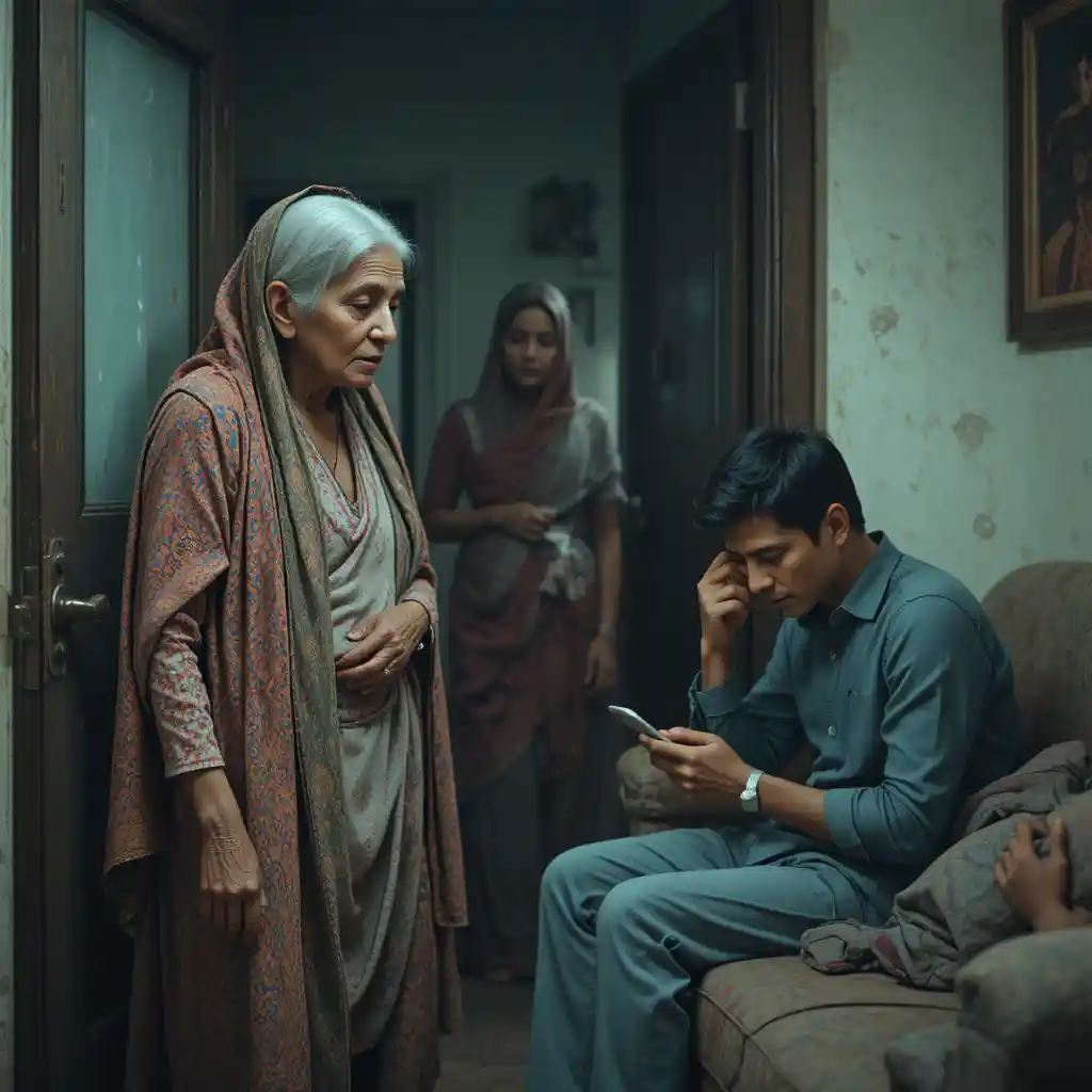 Sick Elderly Woman Asking Her Son For Help Indoors