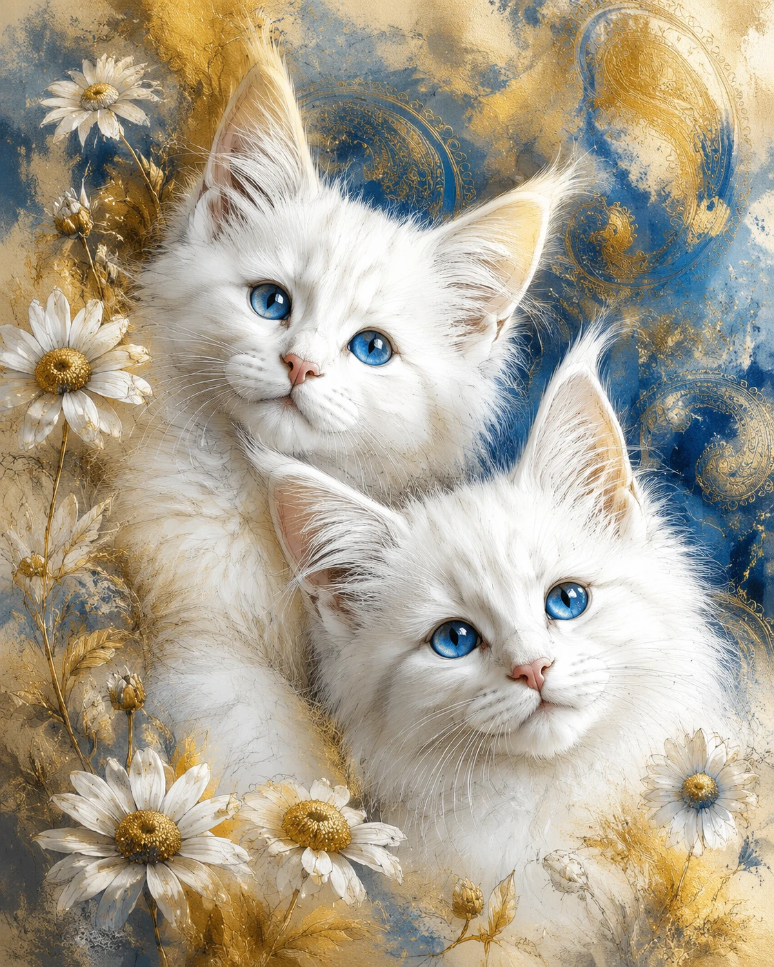White maine coon kittens with daisies in close up art