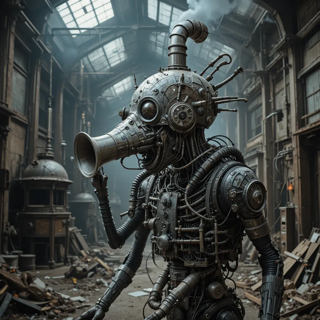 Surreal glass crow headed machine creature in factory interior