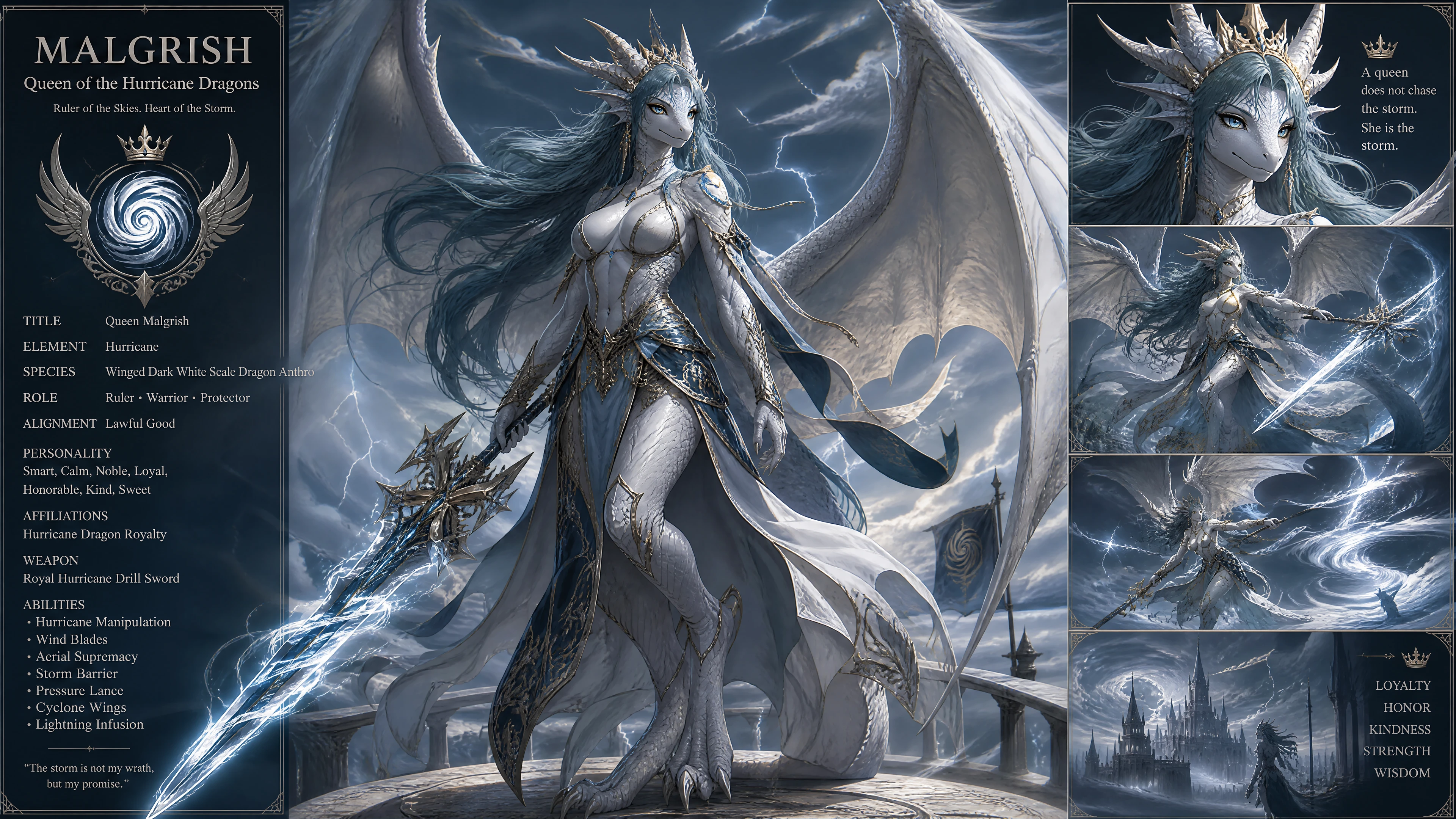 Winged dragon queen with teal hair and hurricane power