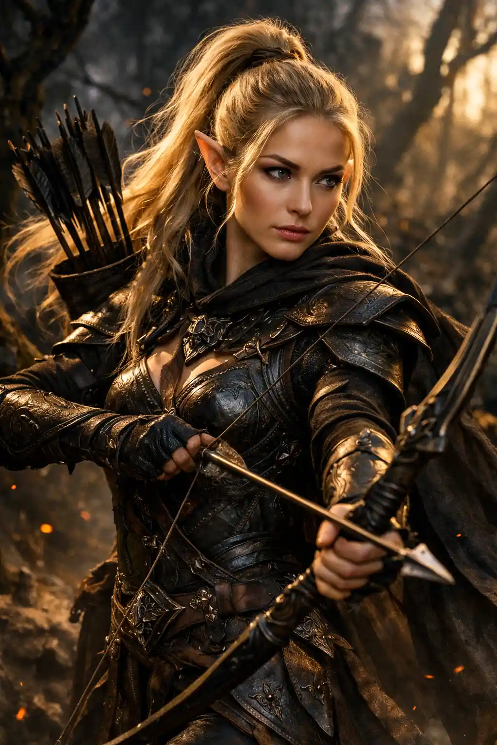 Blonde elf archer in ornate leather armor portrait