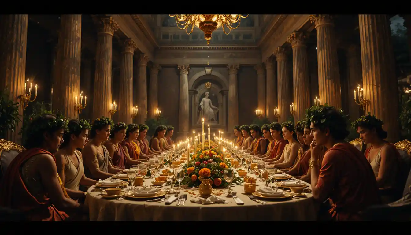 Lavish Roman nobles feasting in a dramatic night banquet