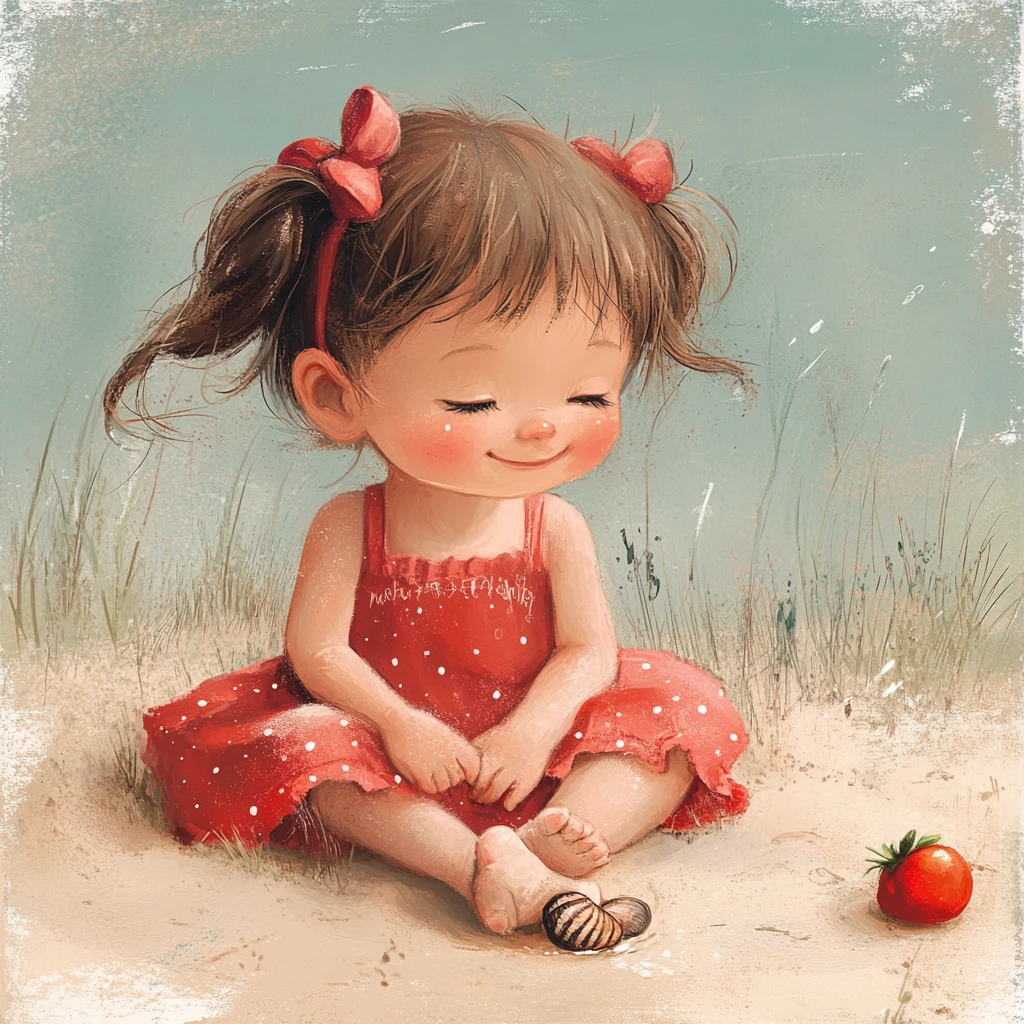Toddler girl playing with seashells on a sunny beach