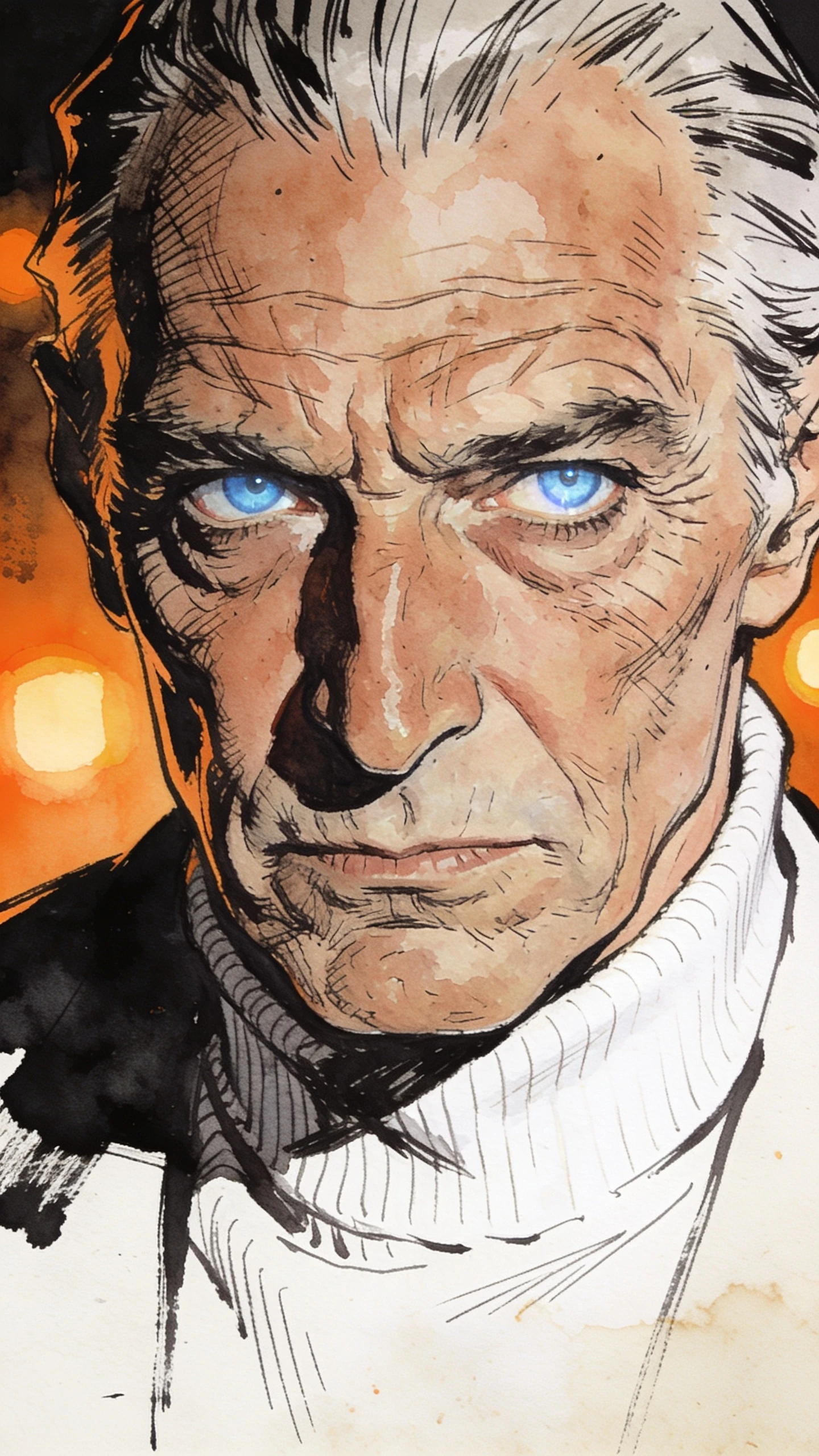 Intense close up portrait of an older man in white turtleneck