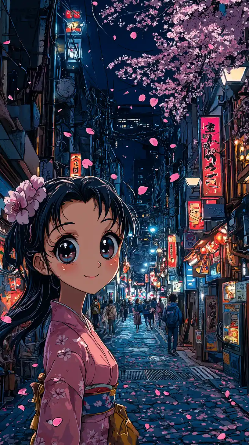 Anime girl at dusk on neon tokyo street with sakura petals