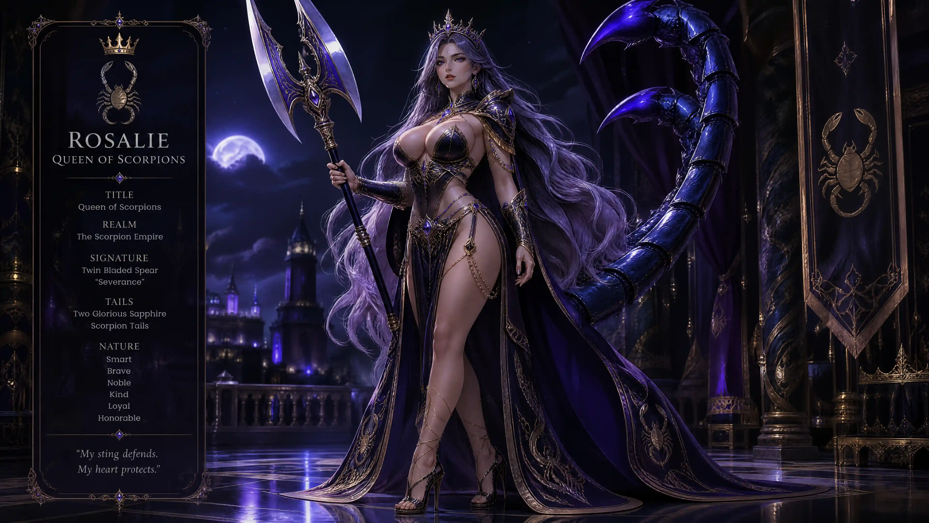 Regal scorpion queen with twin sapphire tails and spear