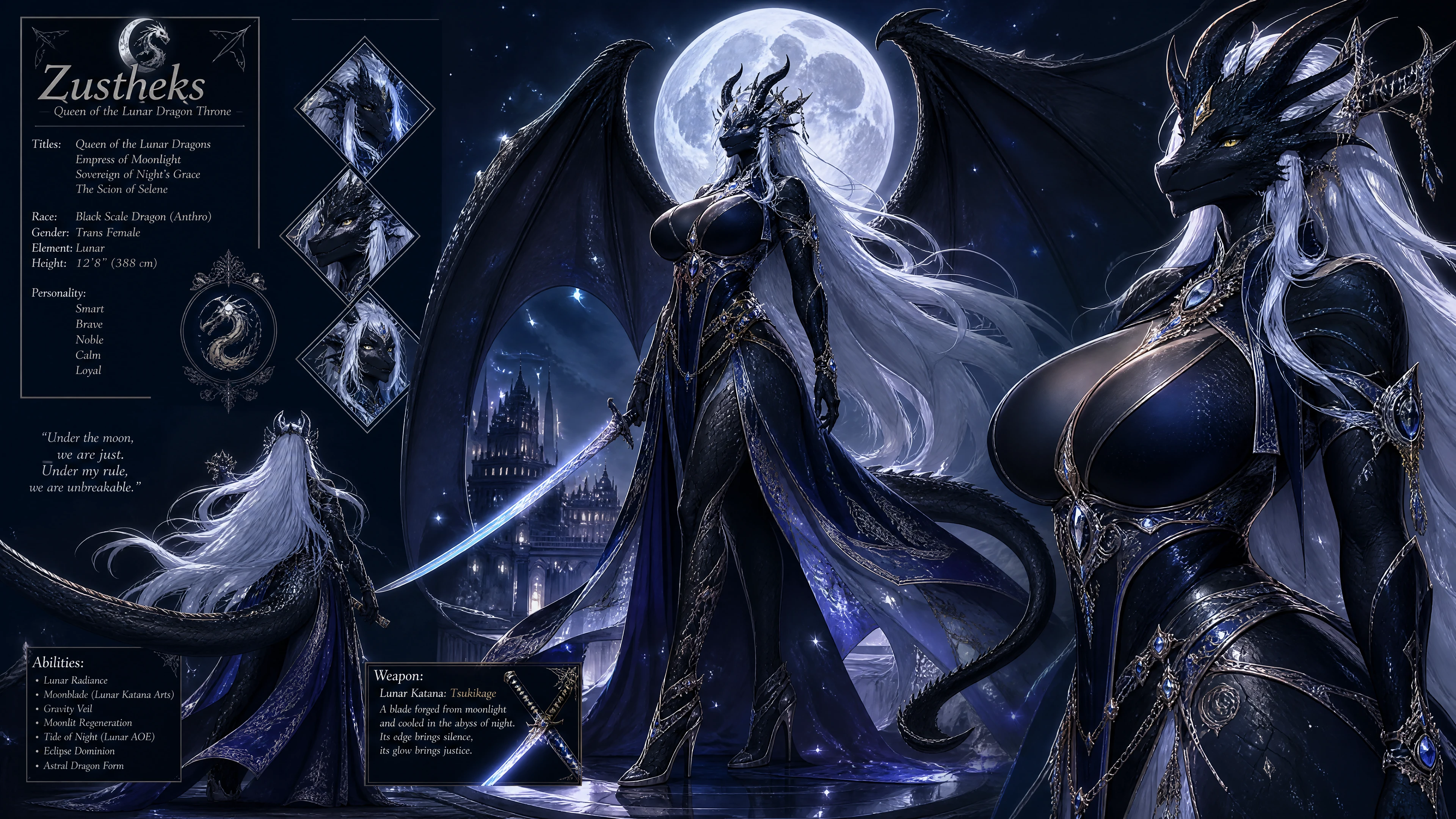 Regal winged dragon queen with flowing white hair