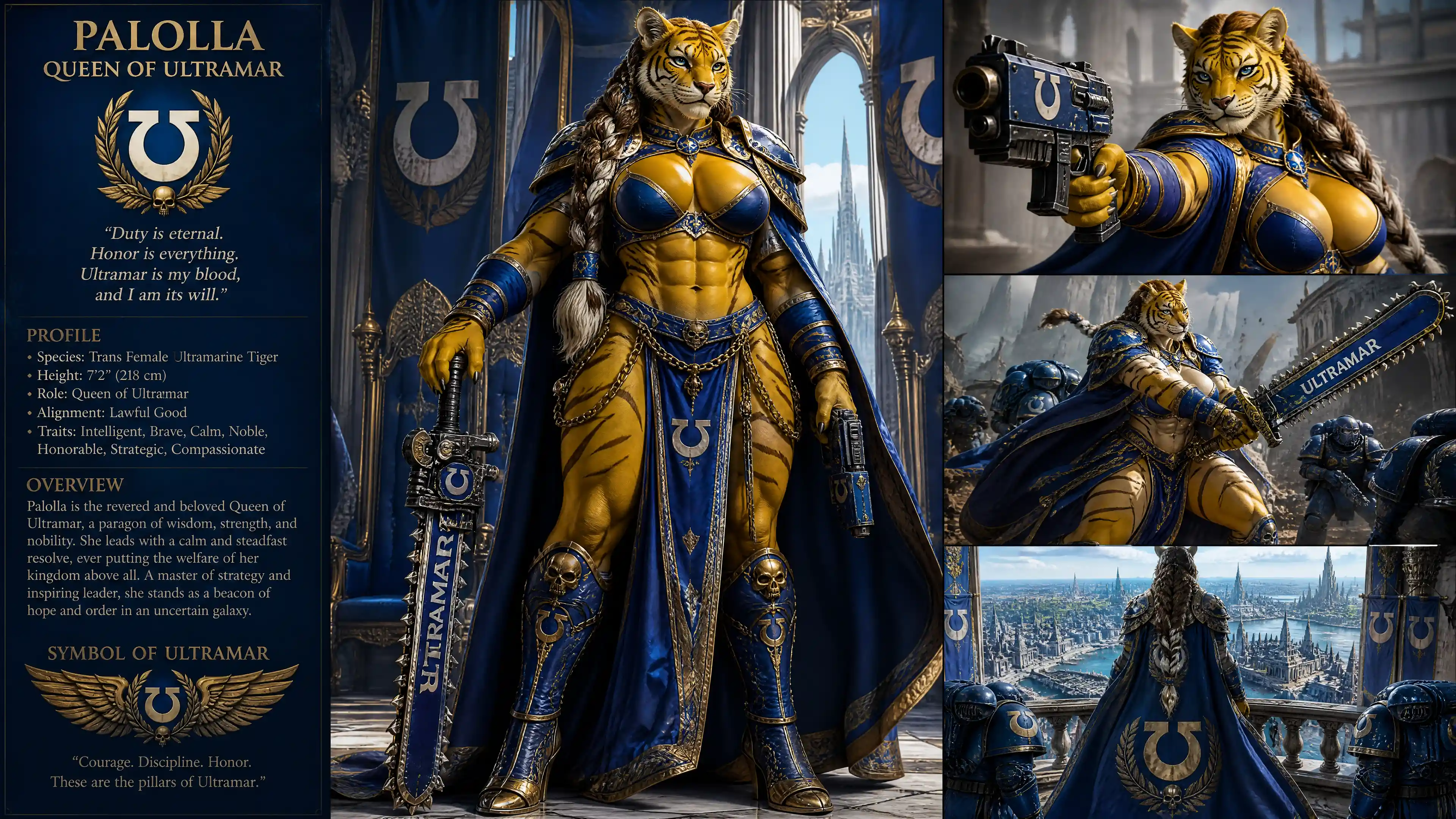 Regal tiger woman warrior with royal ultramar armor