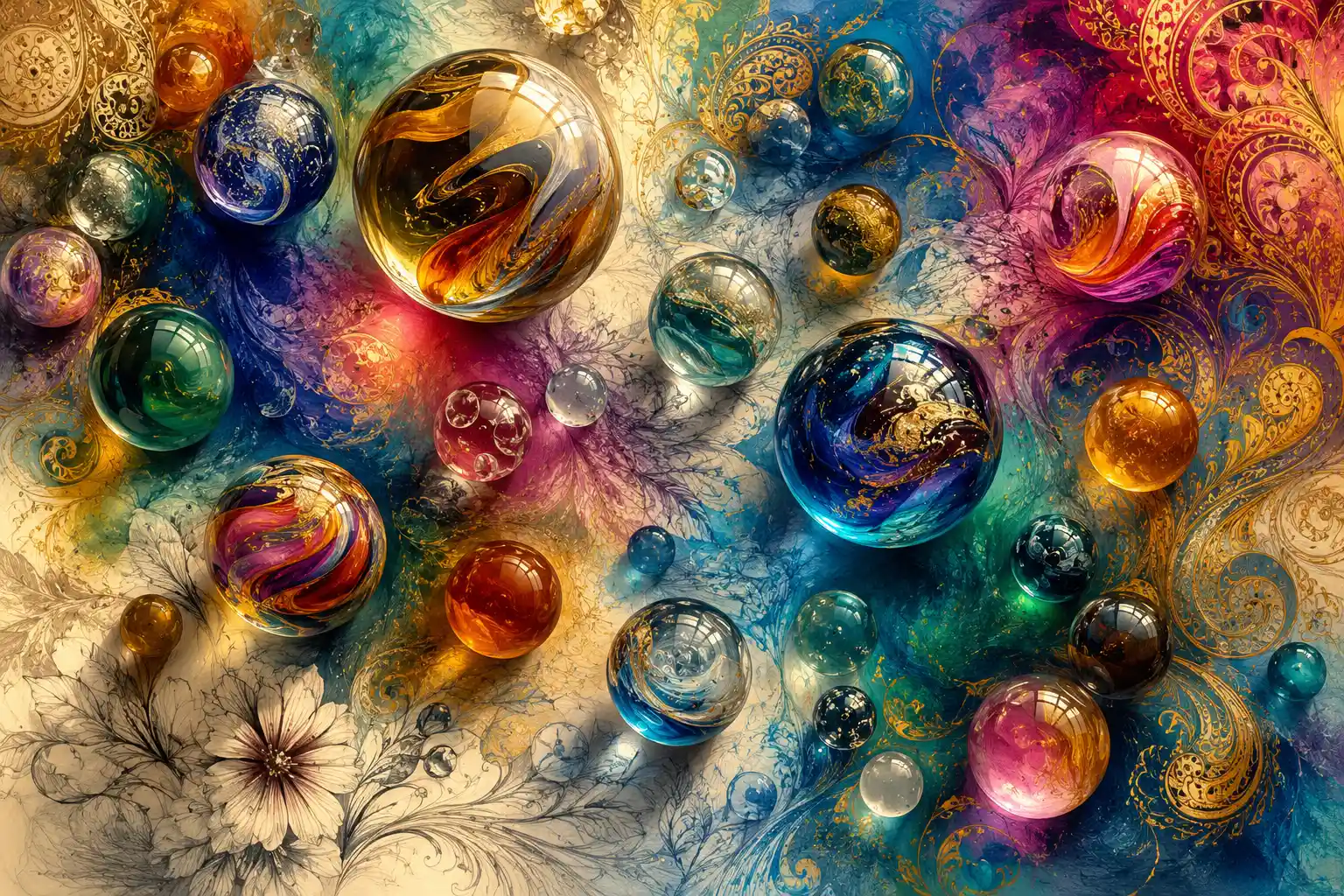Colorful glass marbles on an abstract paisley background