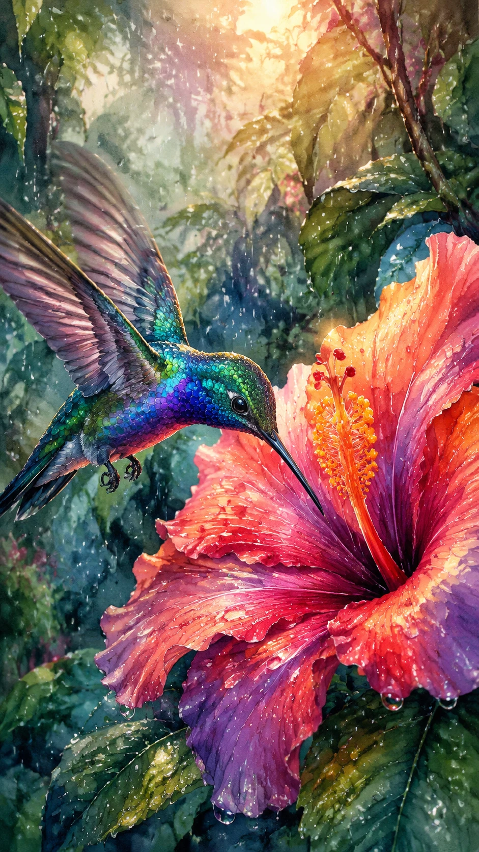 Colorful hummingbird sipping hibiscus nectar in rainforest rain