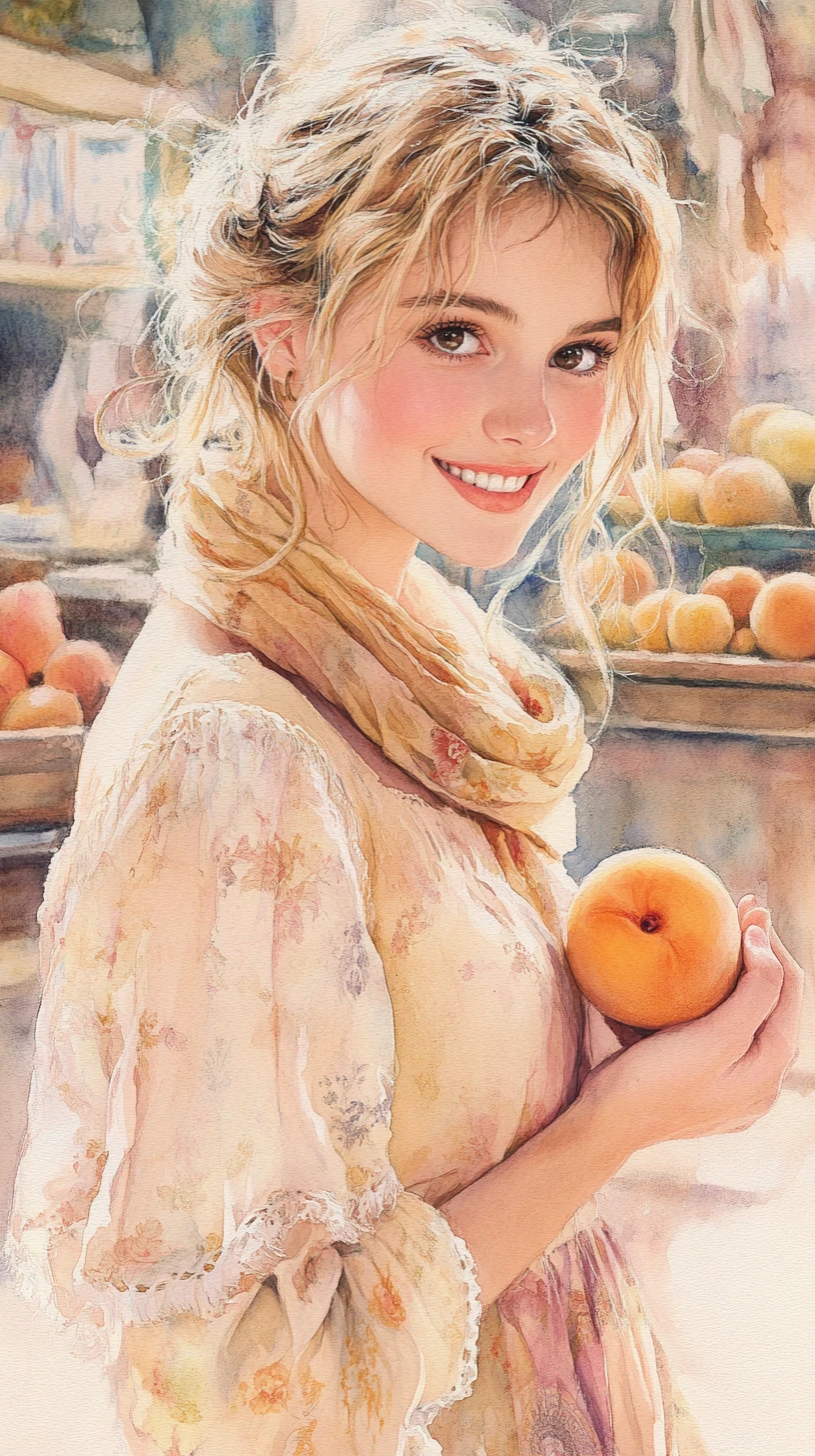 Smiling blonde girl holding apricot in watercolor shop scene