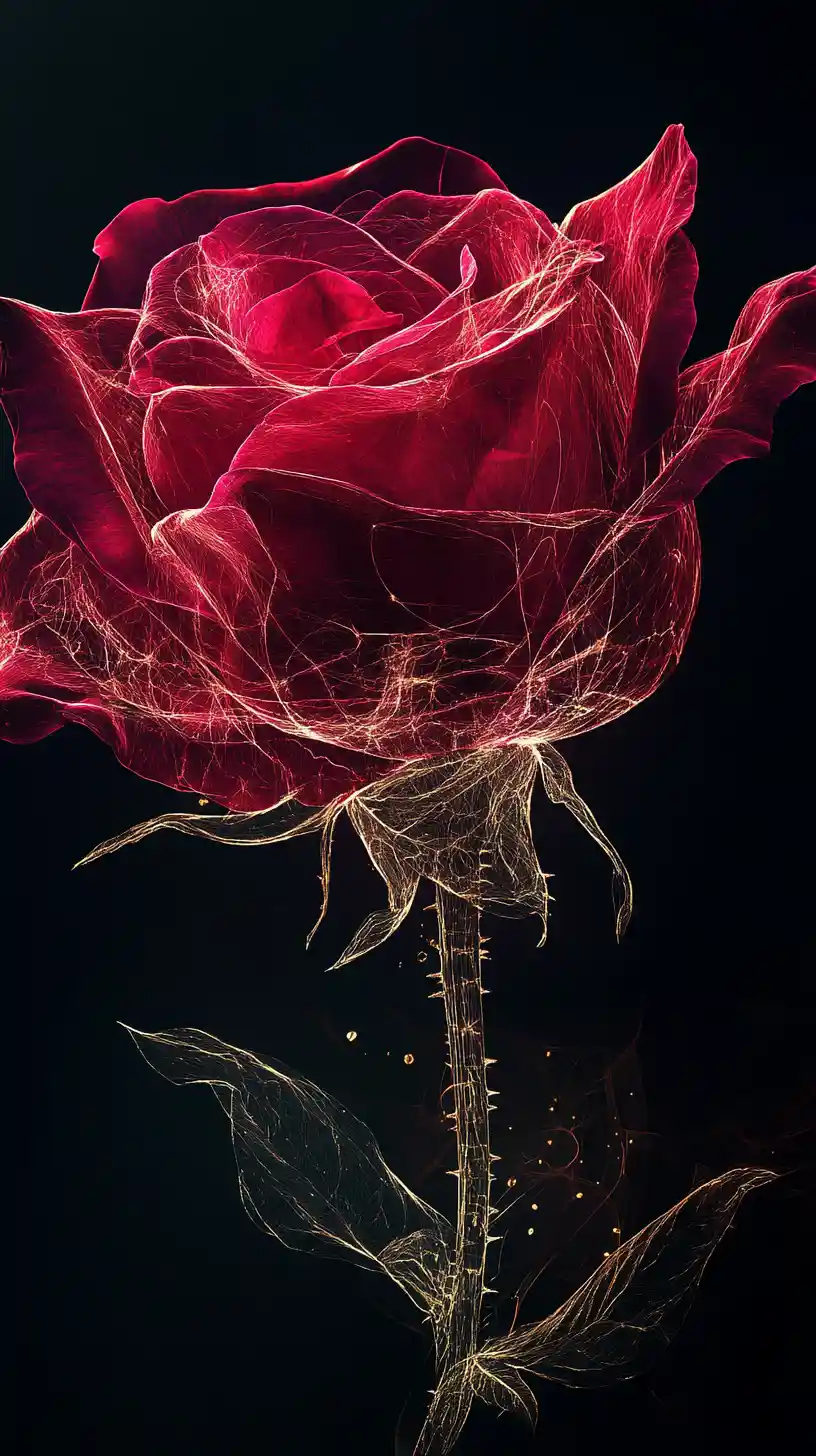 Surreal crimson rose revealing intricate inner botanical structures