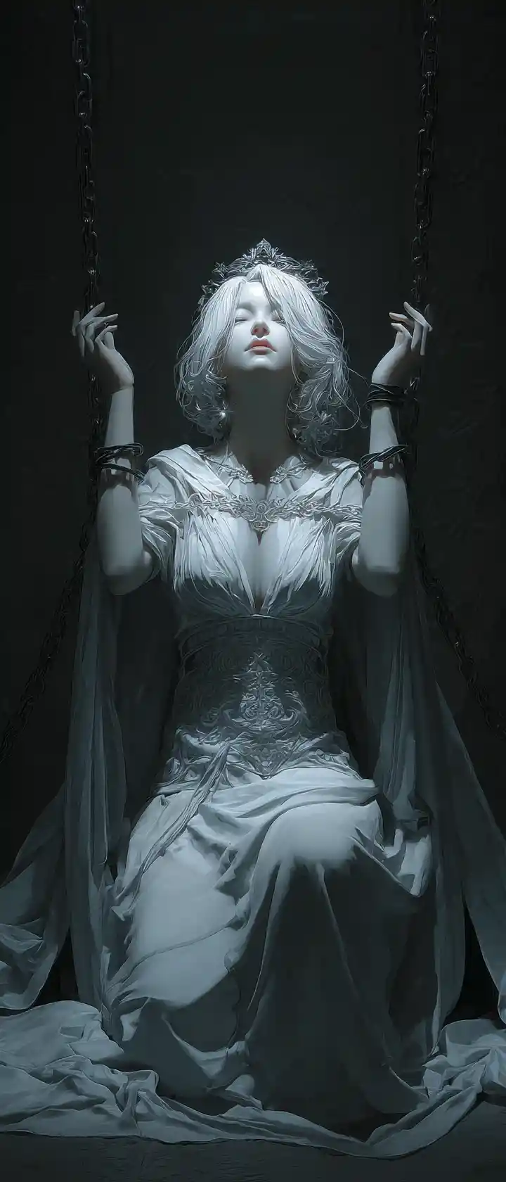 Royal maiden chained in a dark dungeon with glowing hair