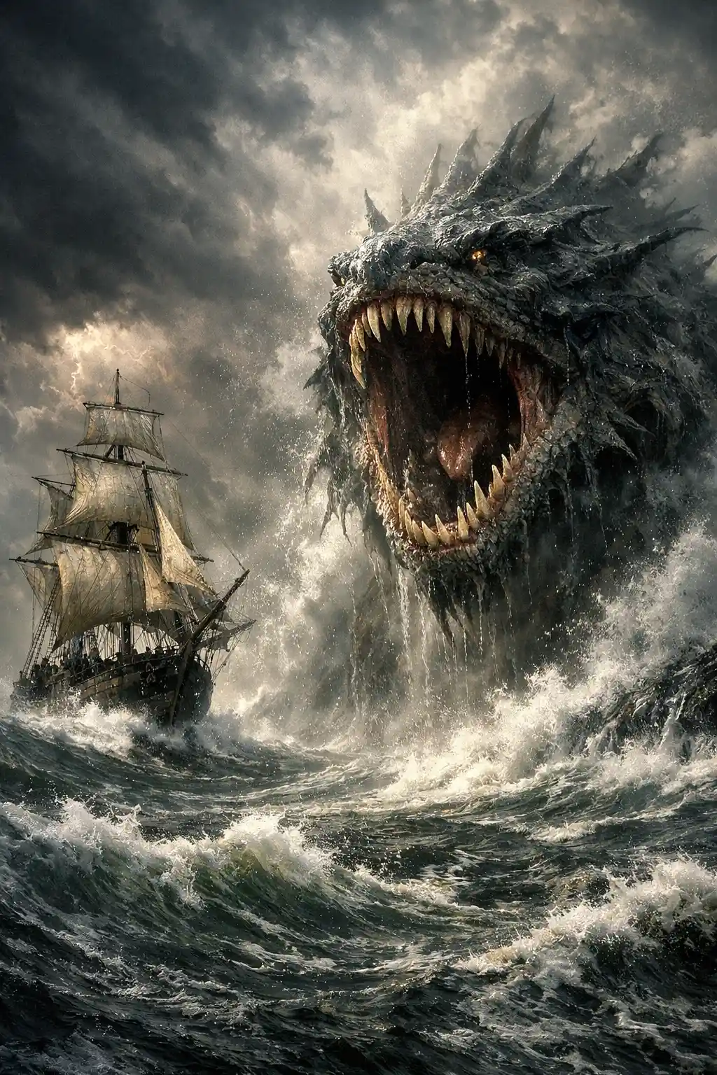 Mythical Sea Monster Attacks Sailing Ship In Stormy Ocean