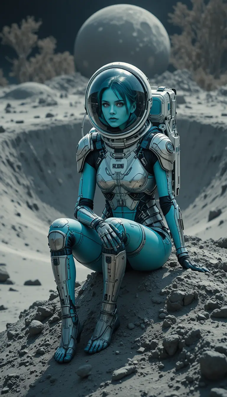 Donna in tuta biomeccanica sul bordo di un cratere lunare
