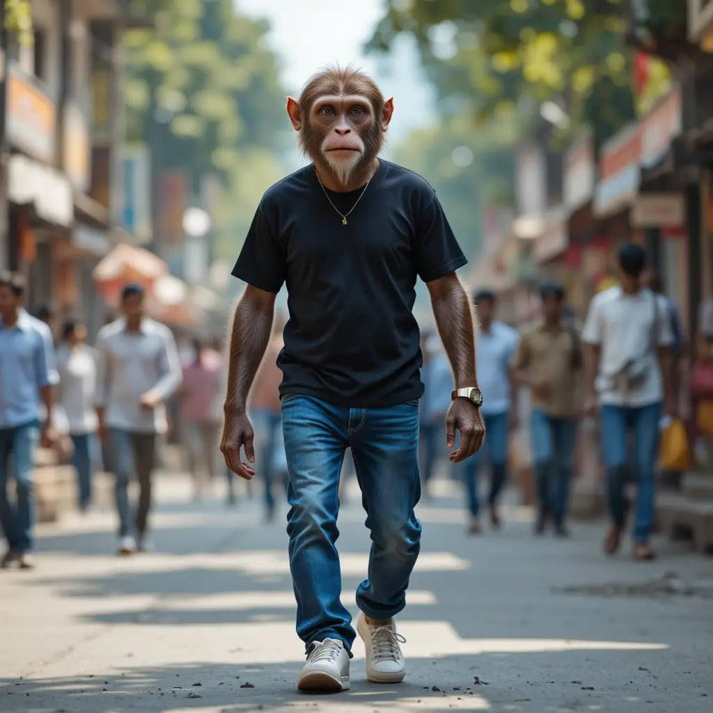 Singe anthropomorphe marchant avec assurance dans une rue animée de la ville