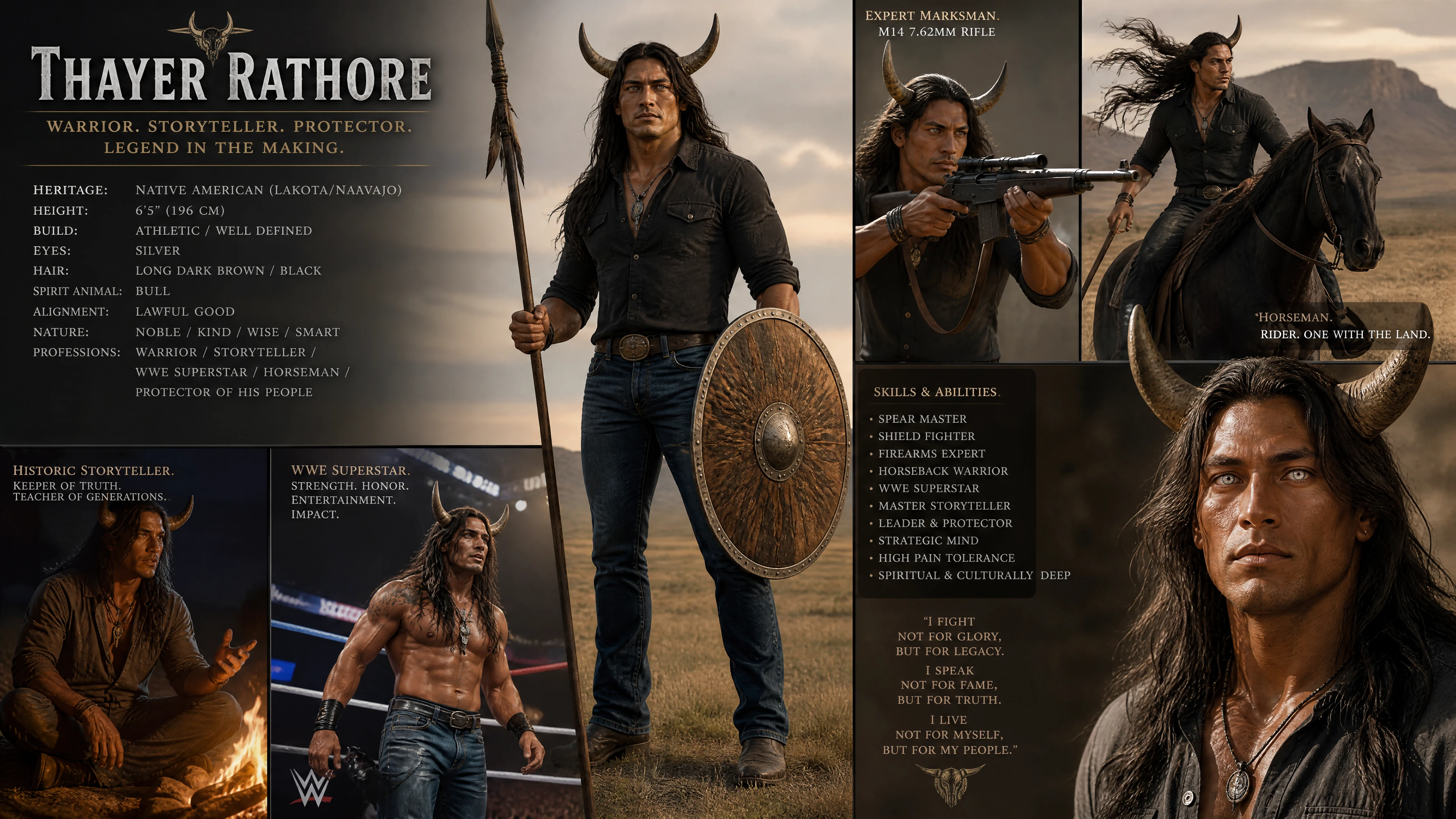 Tall horned native warrior with rifle and shield