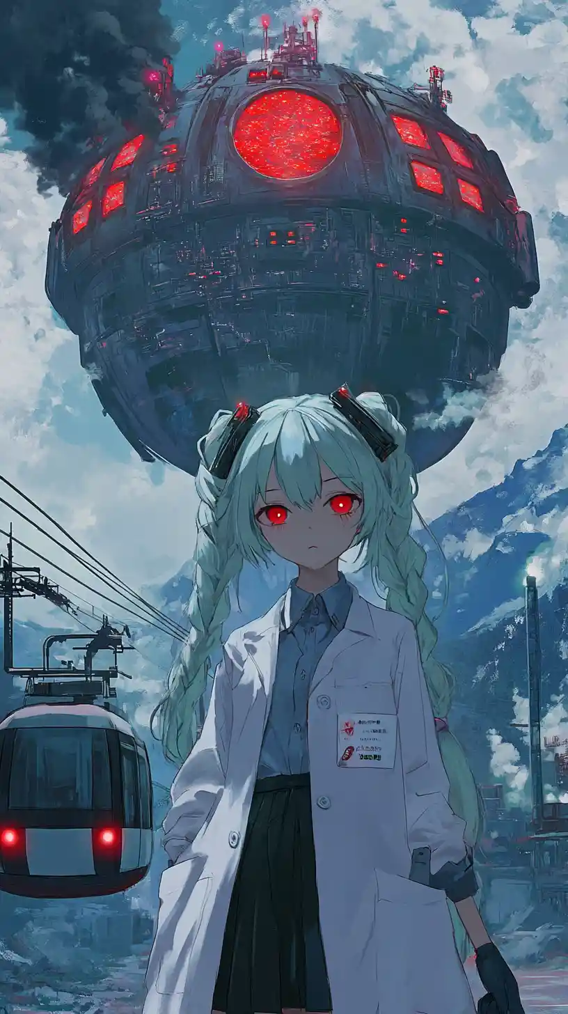 Anime girl smoking before a futuristic crystal mine