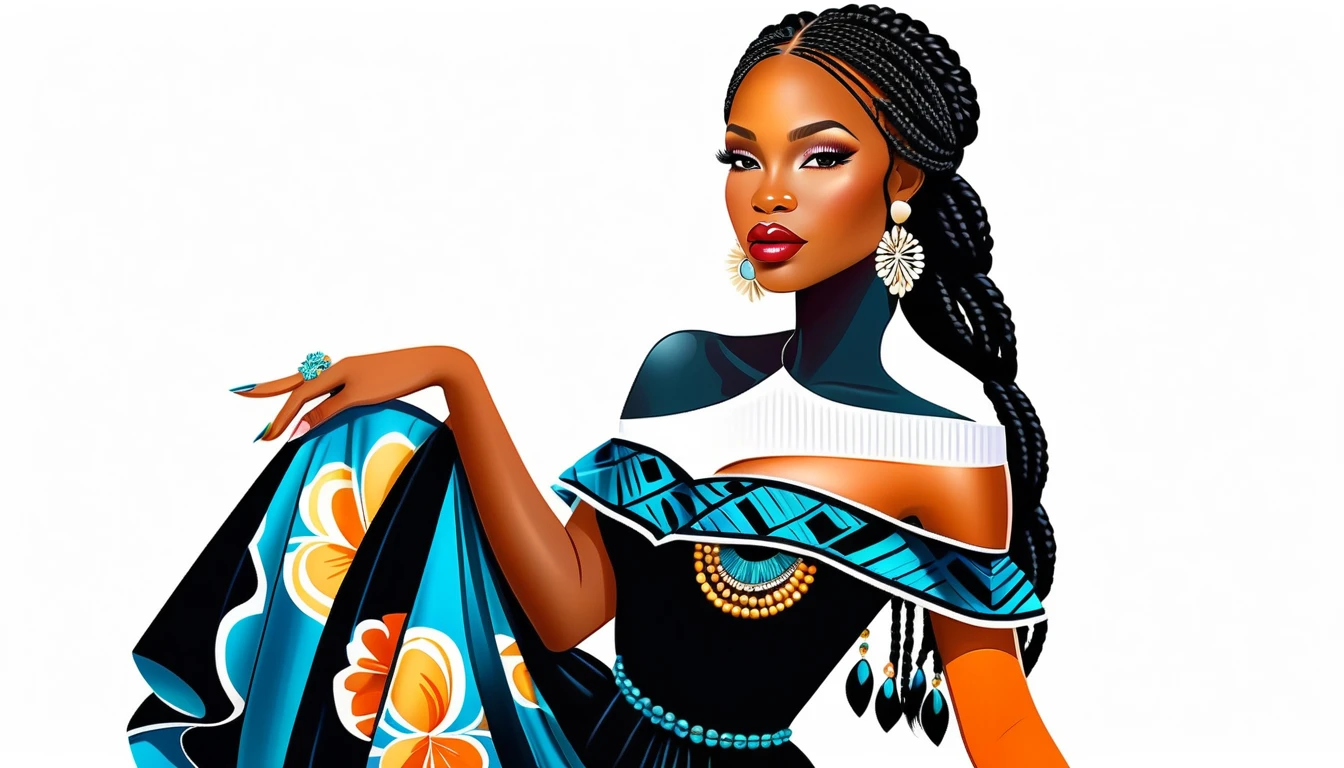Elegant black woman in bohemian gown on white background