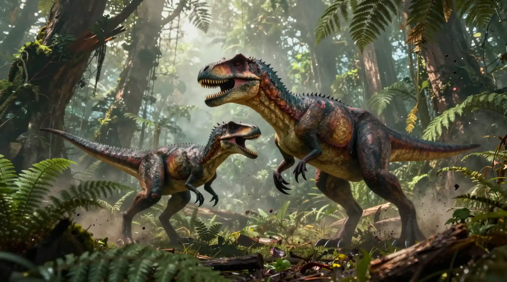 Cinematic Dinosaurs Fighting In A Misty Prehistoric Jungle