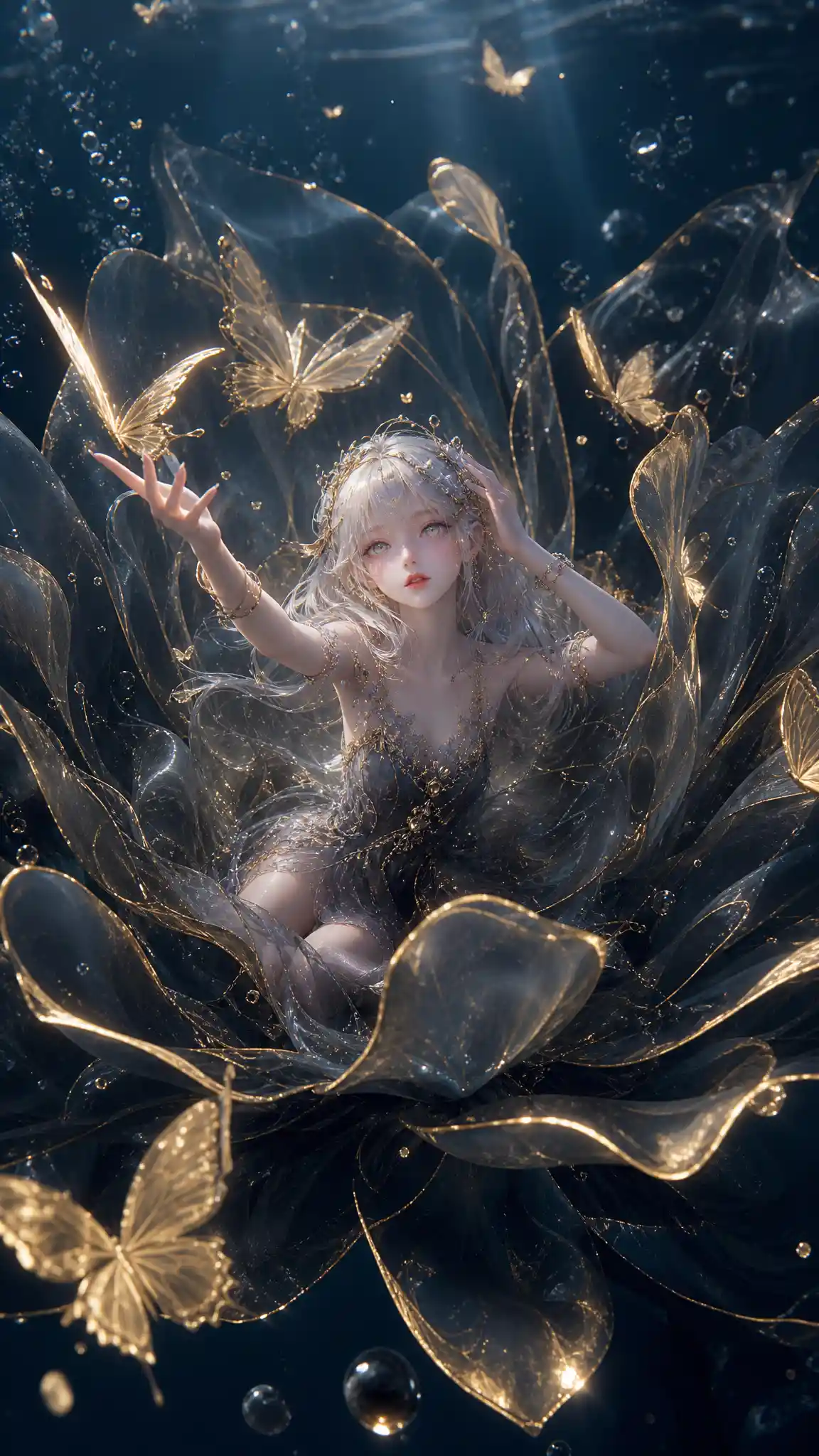 Ethereal fairy girl inside a dissolving underwater flower