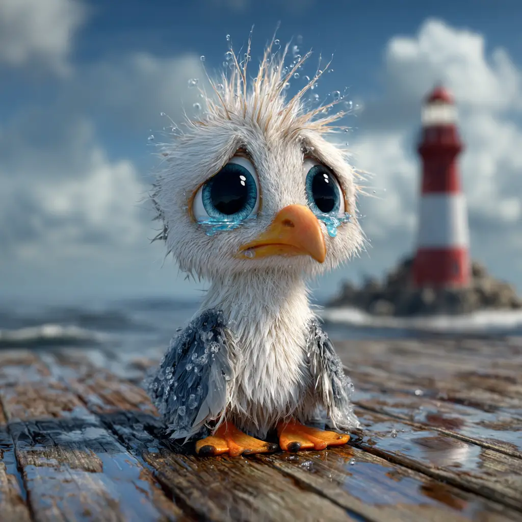Sad baby seagull on a wet pier in cinematic 3D style