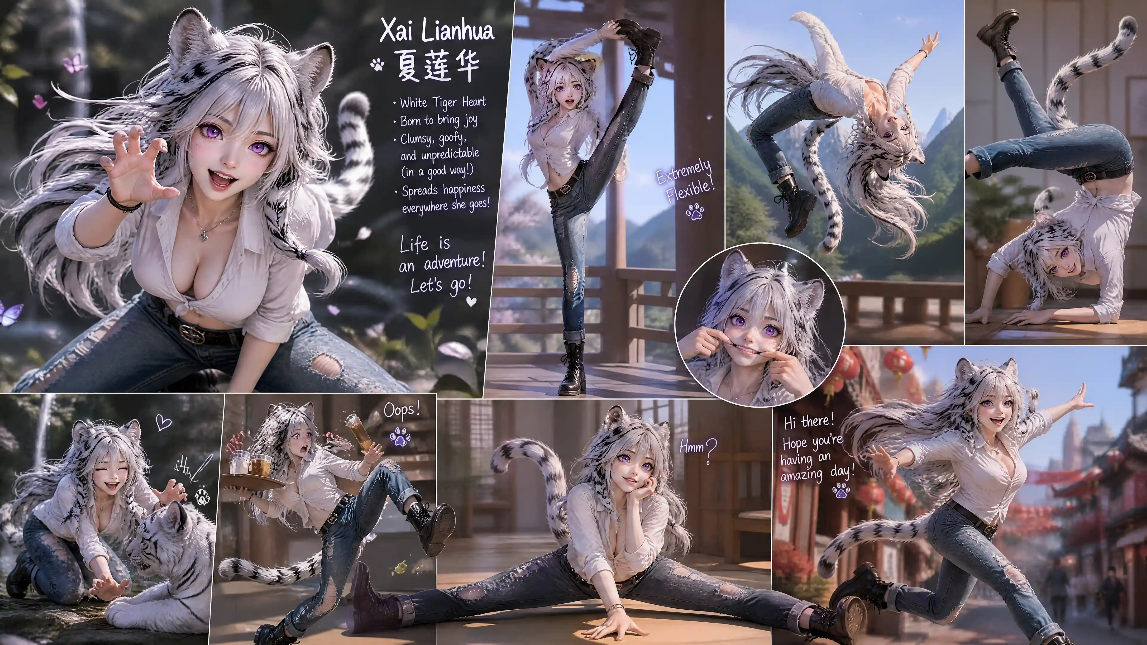 Cheerful white tiger eared girl in casual modern outfit