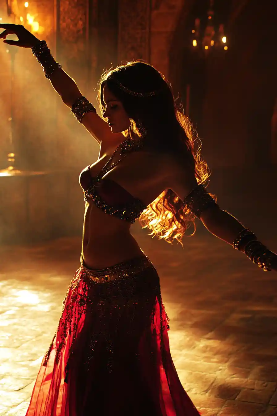 Elegant dancer poised in torchlit medieval chamber