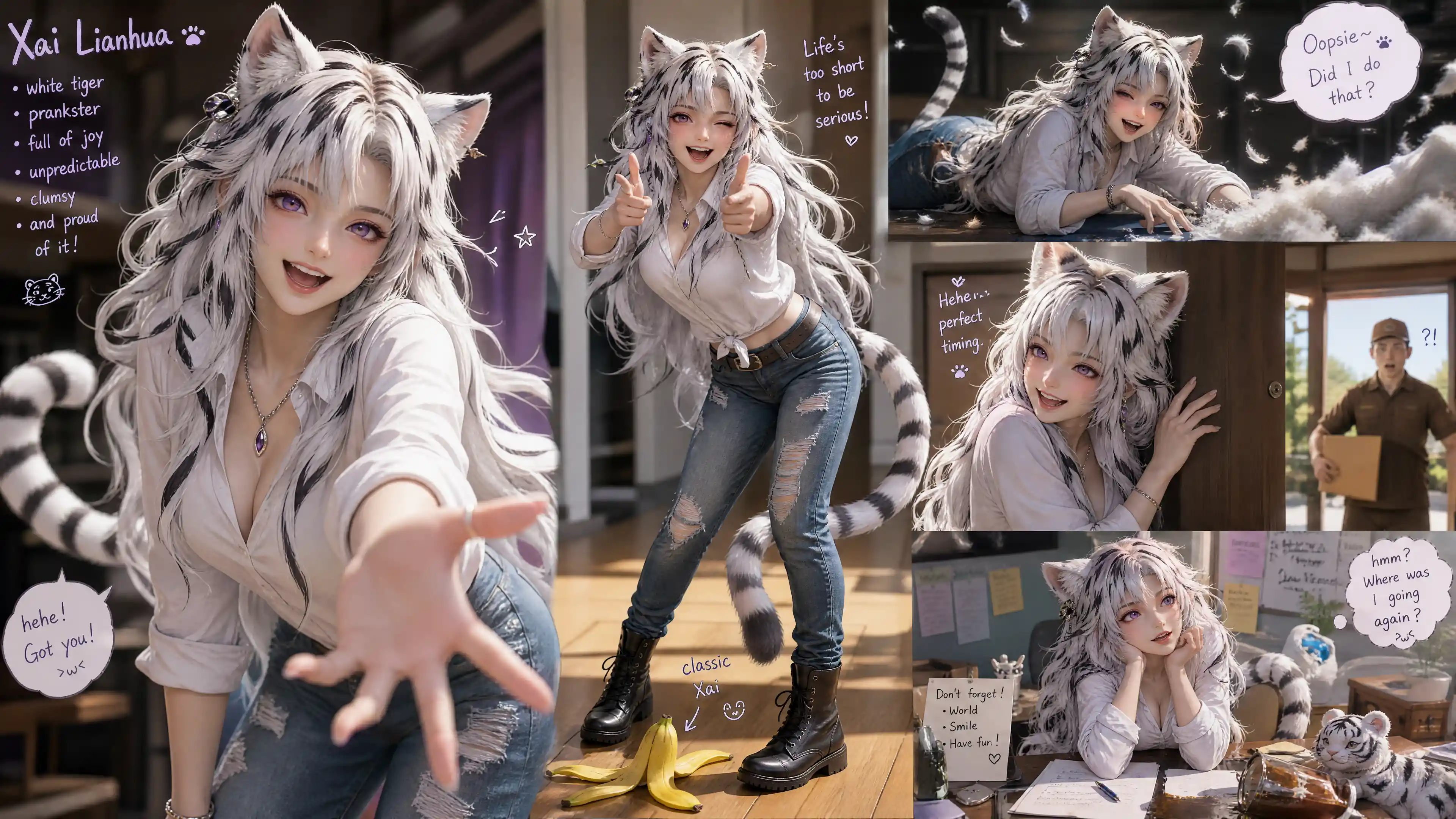Cheerful white tiger girl with long striped hair