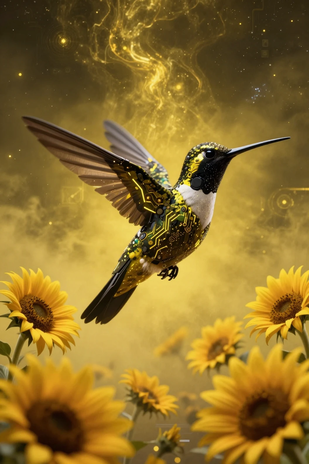 Futuristic hummingbird with neon light among cosmic sunflowers