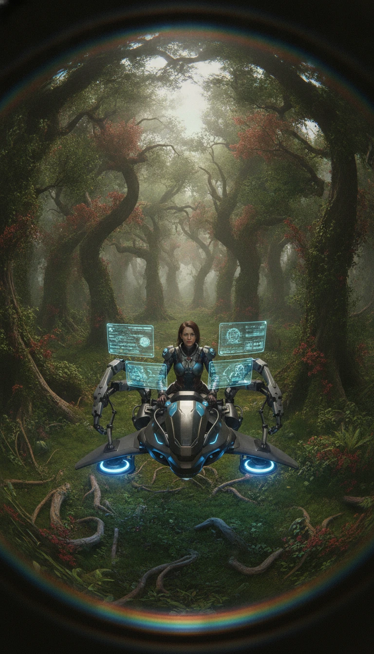 Female paleontologist piloting a hover craft in eerie forest