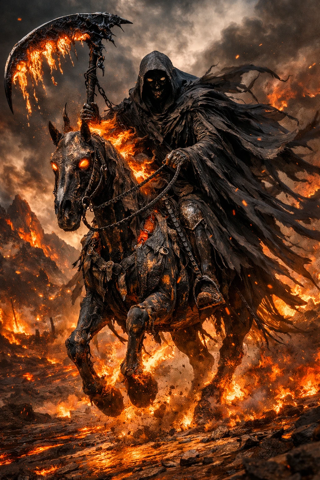 Rey de la Muerte Cabalgando un Caballo Esquelético en Llamas