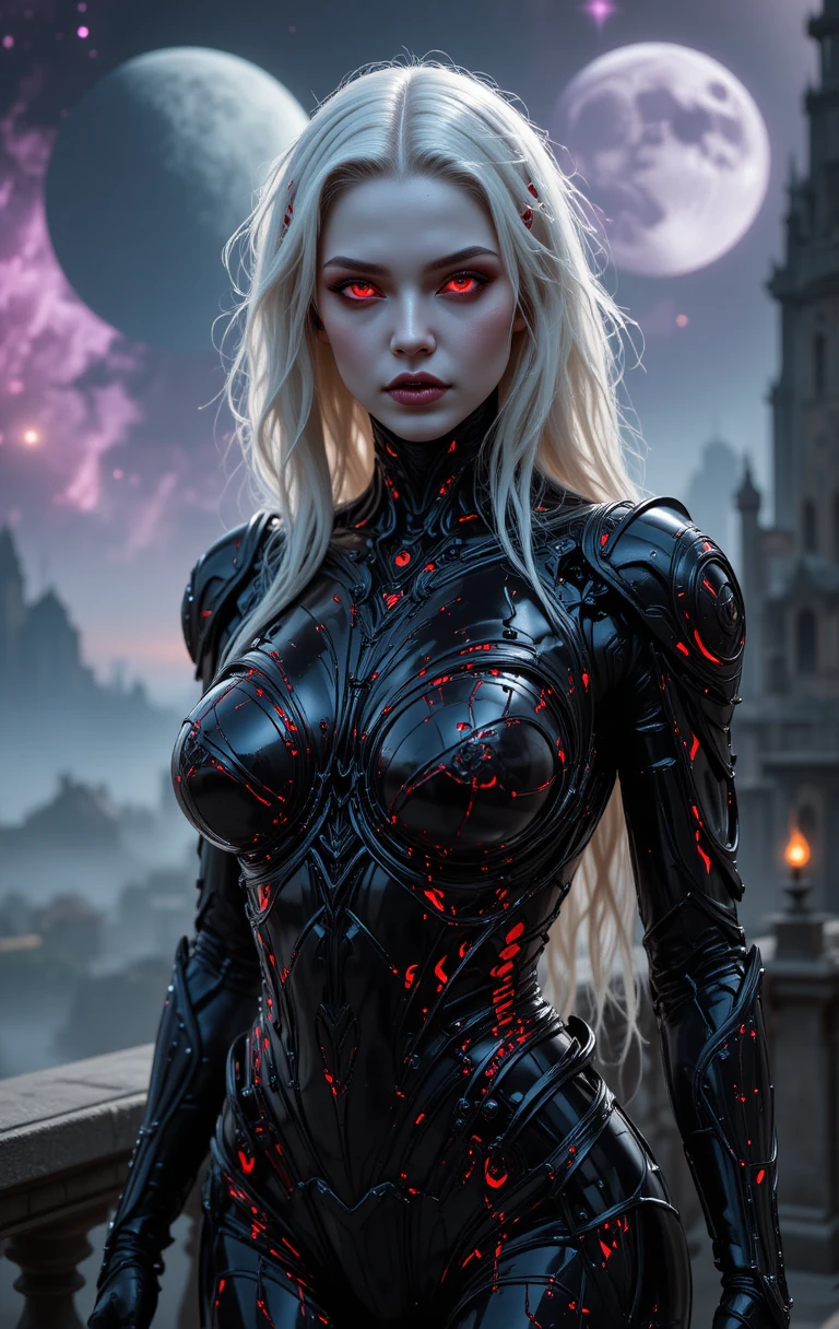Alien vampire princess on a gothic citadel balcony