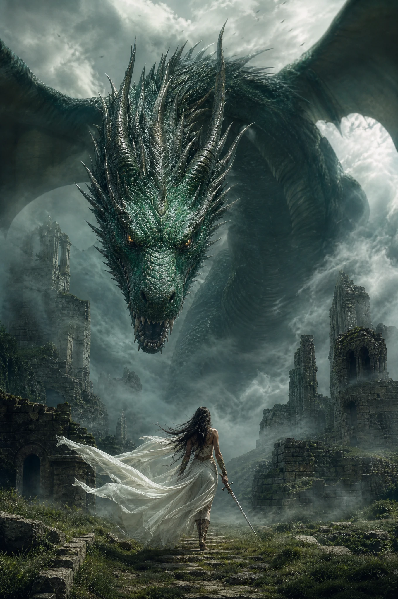 Emerald dragon looms over misty ruins in swirling fog