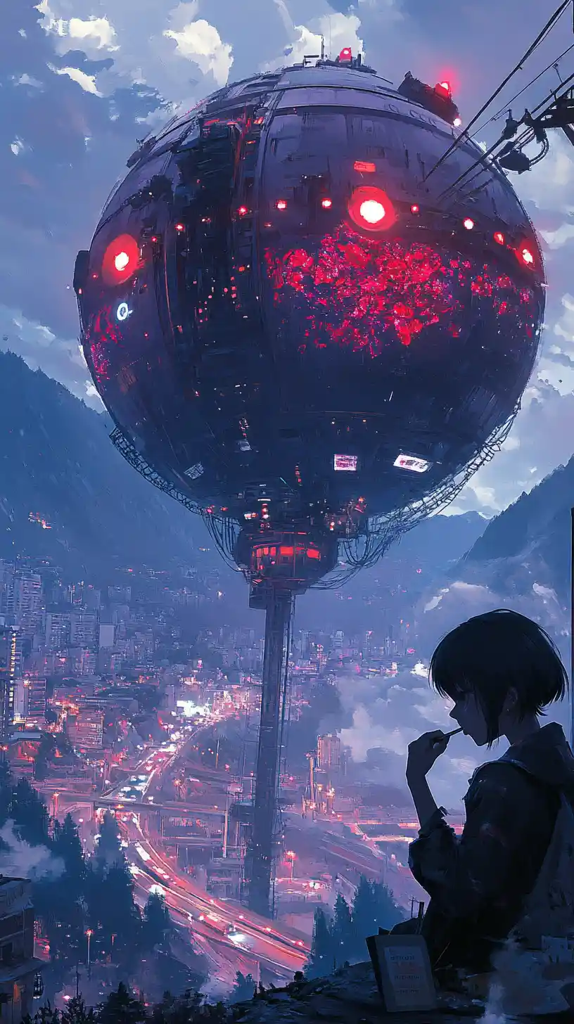 Anime girl smoking before a vast futuristic crystal mine