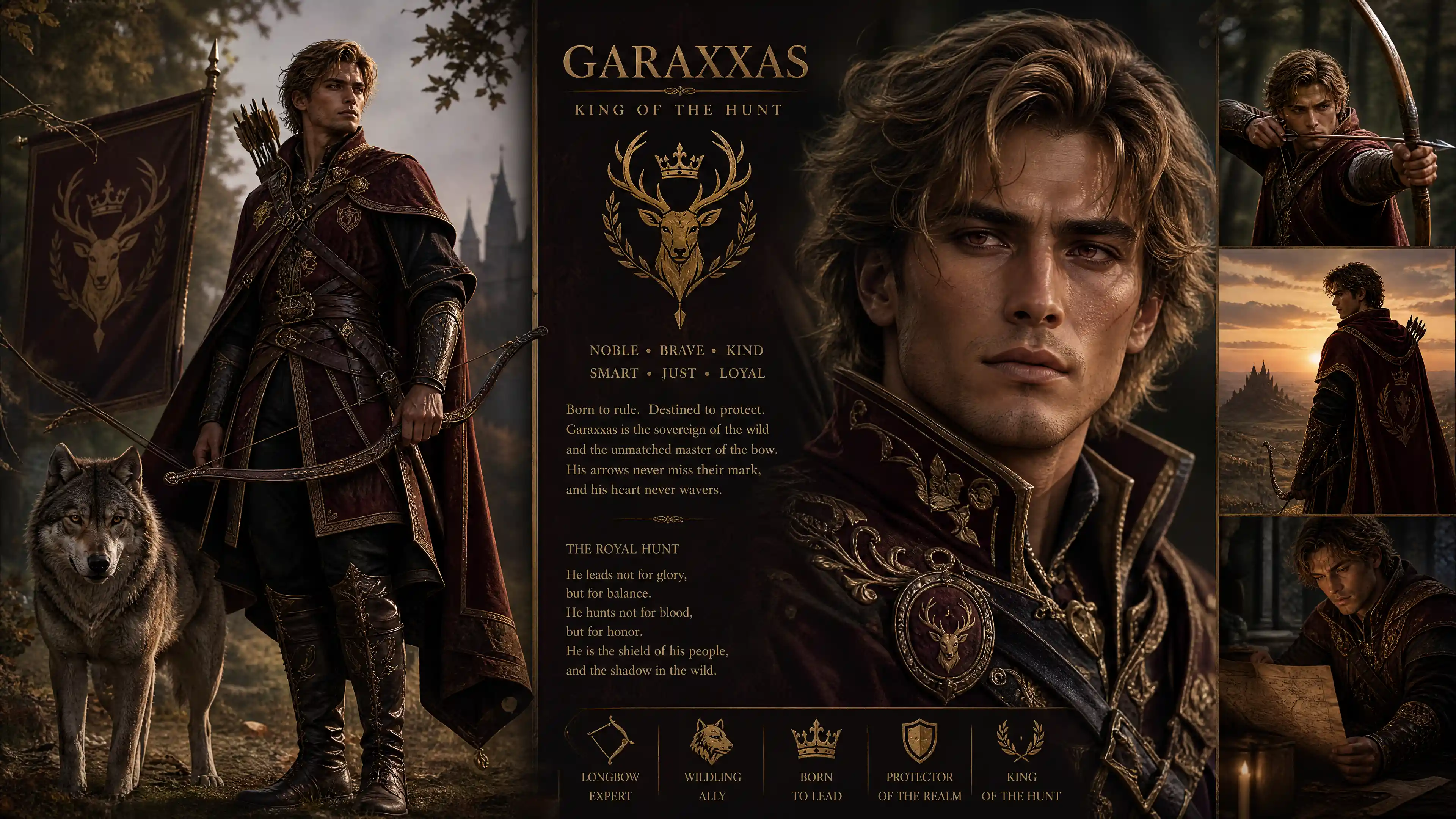 Noble hunter king with bow in regal hunting attire
