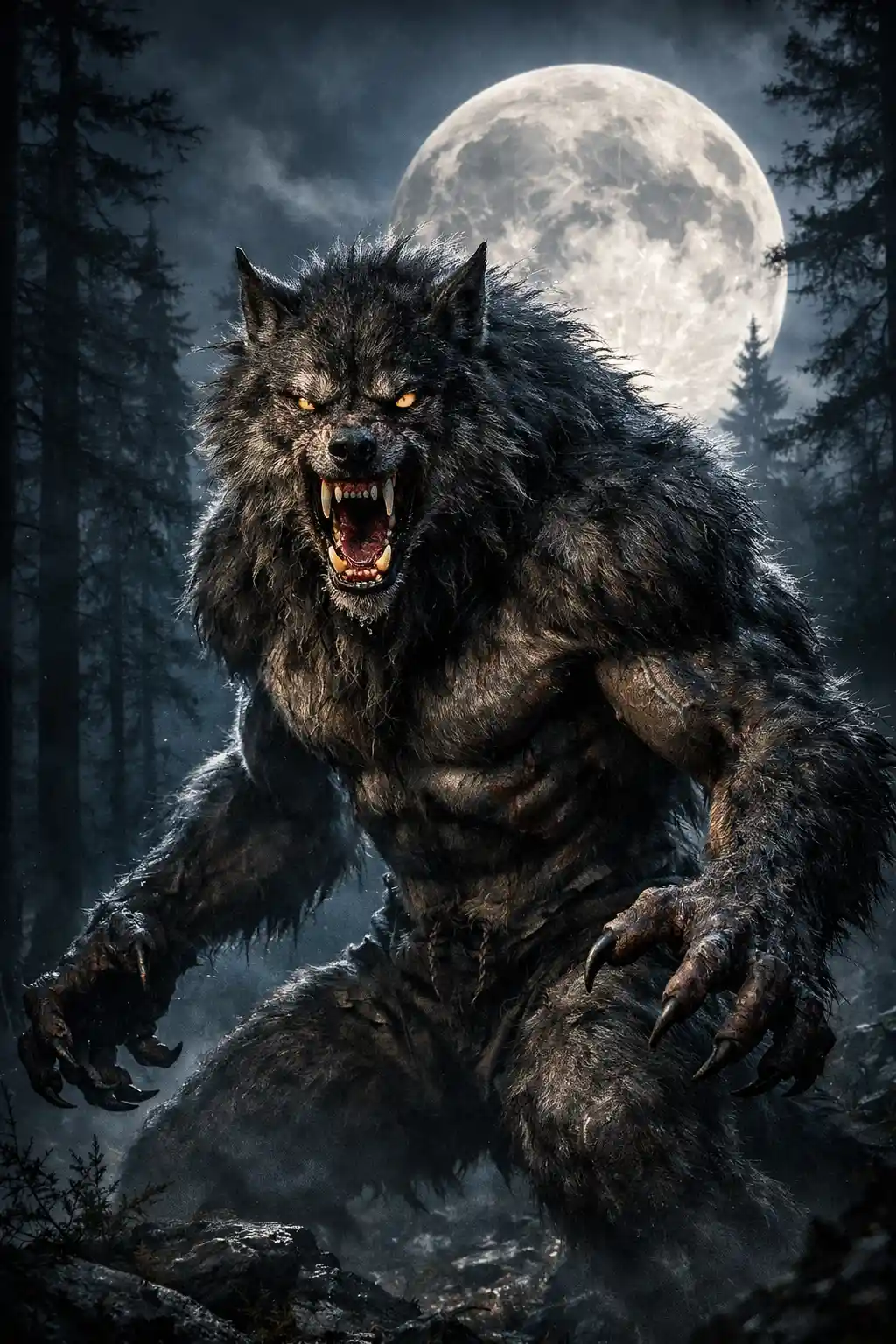 Feral werewolf under a rising full moon in dark forest