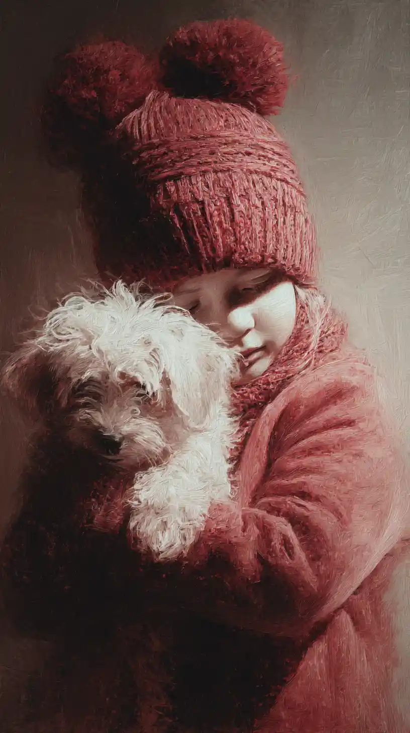 Child hugging a fluffy dog in monochrome oil painting