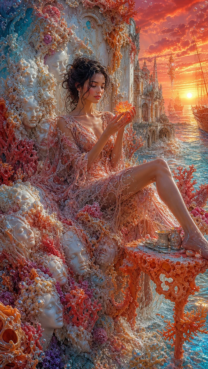 Surreal woman fused with coral in luminous seascape