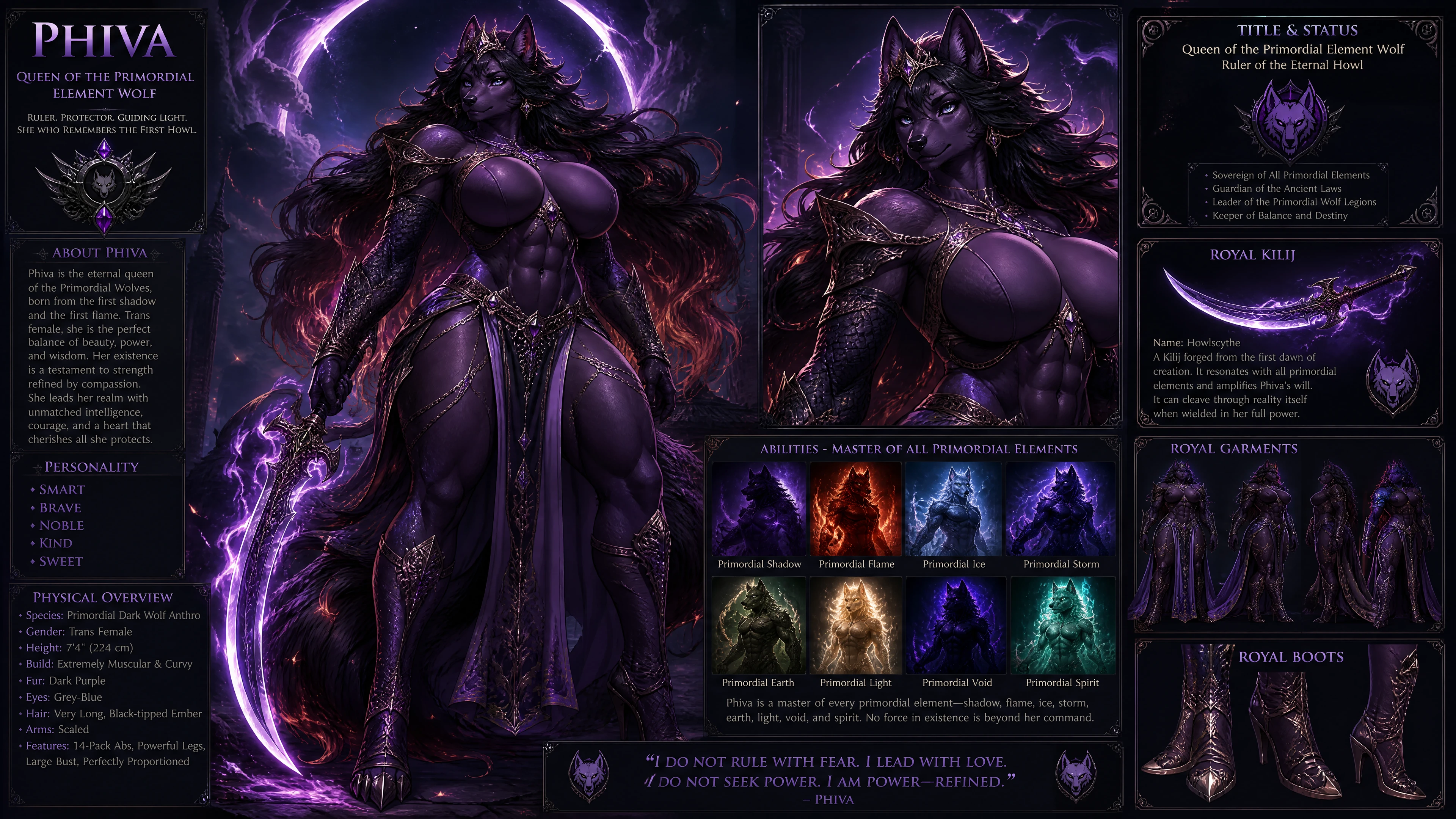 Regal primordial wolf queen in ornate fantasy attire