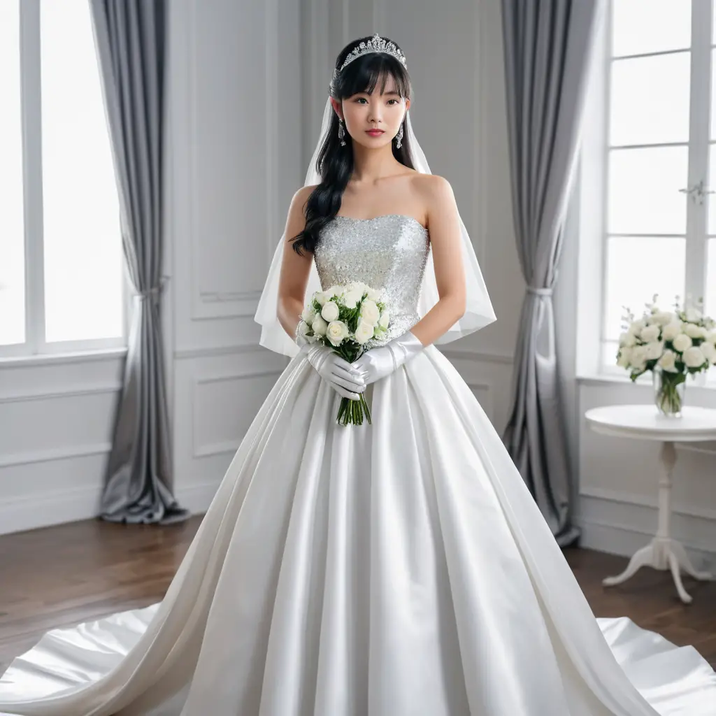 Elegant Japanese bride in white satin wedding gown