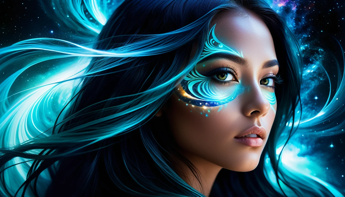 Ethereal woman with human and cosmic dual eyes