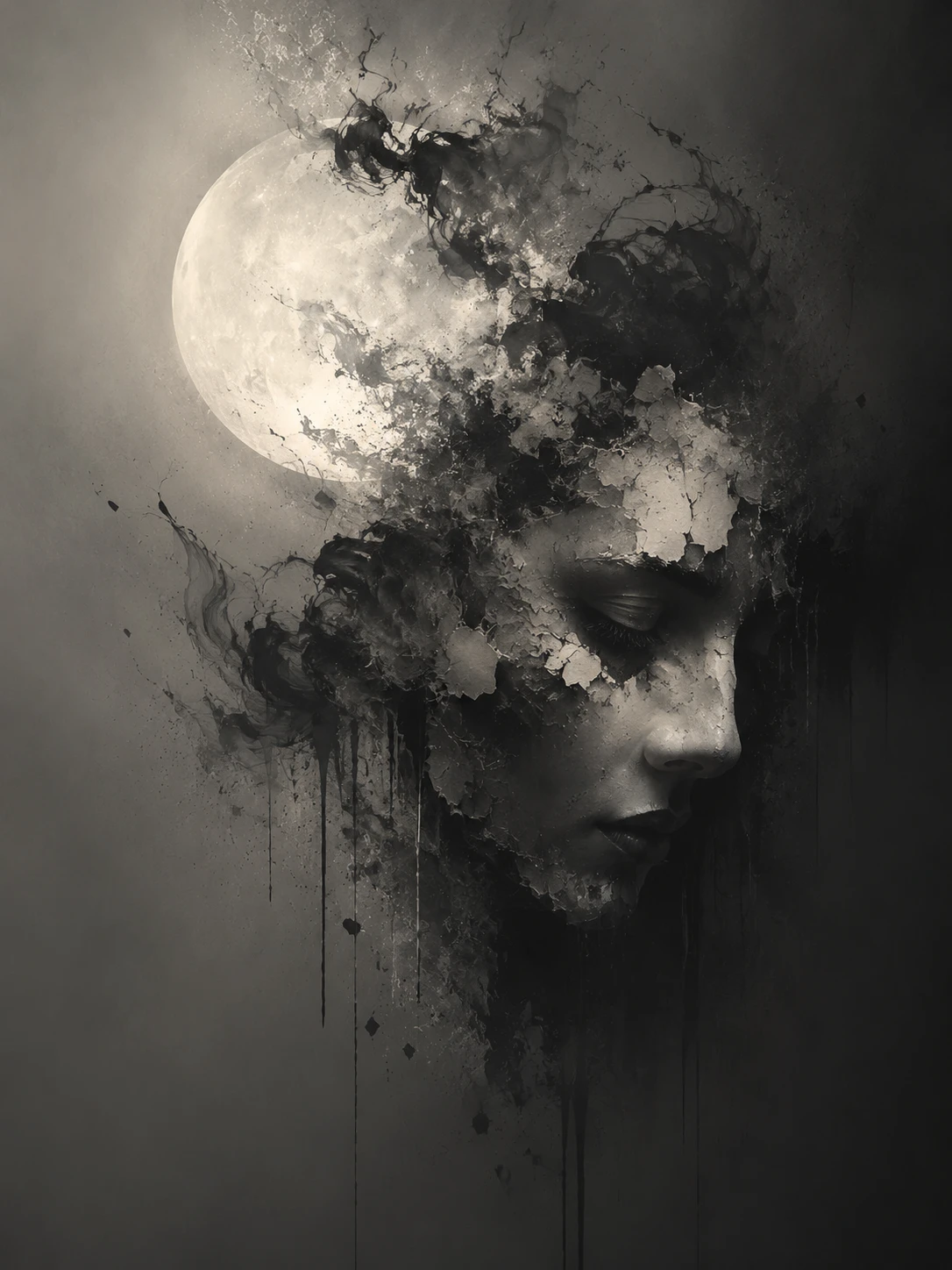 Abstract smoky portrait with moonlit contemplative face