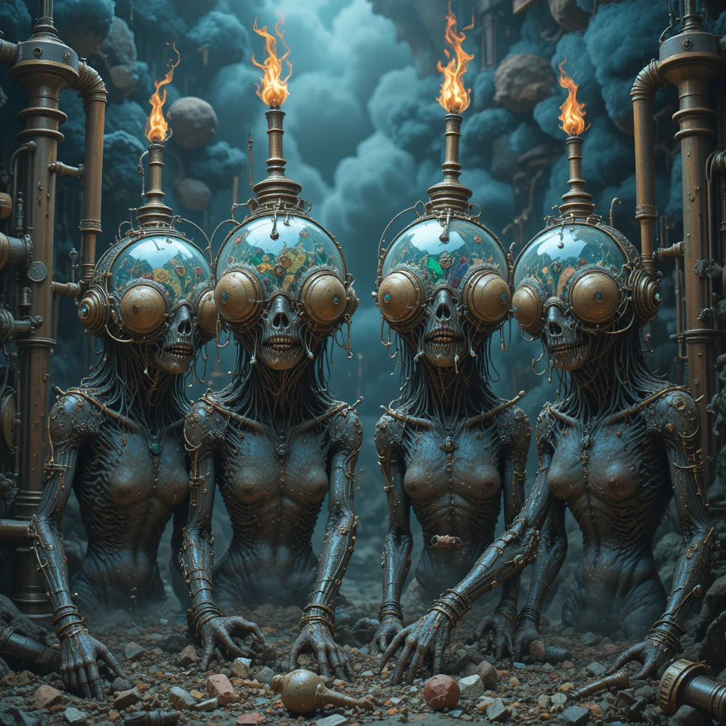 Surreal dreamscape of arcane offworld mechanical creatures